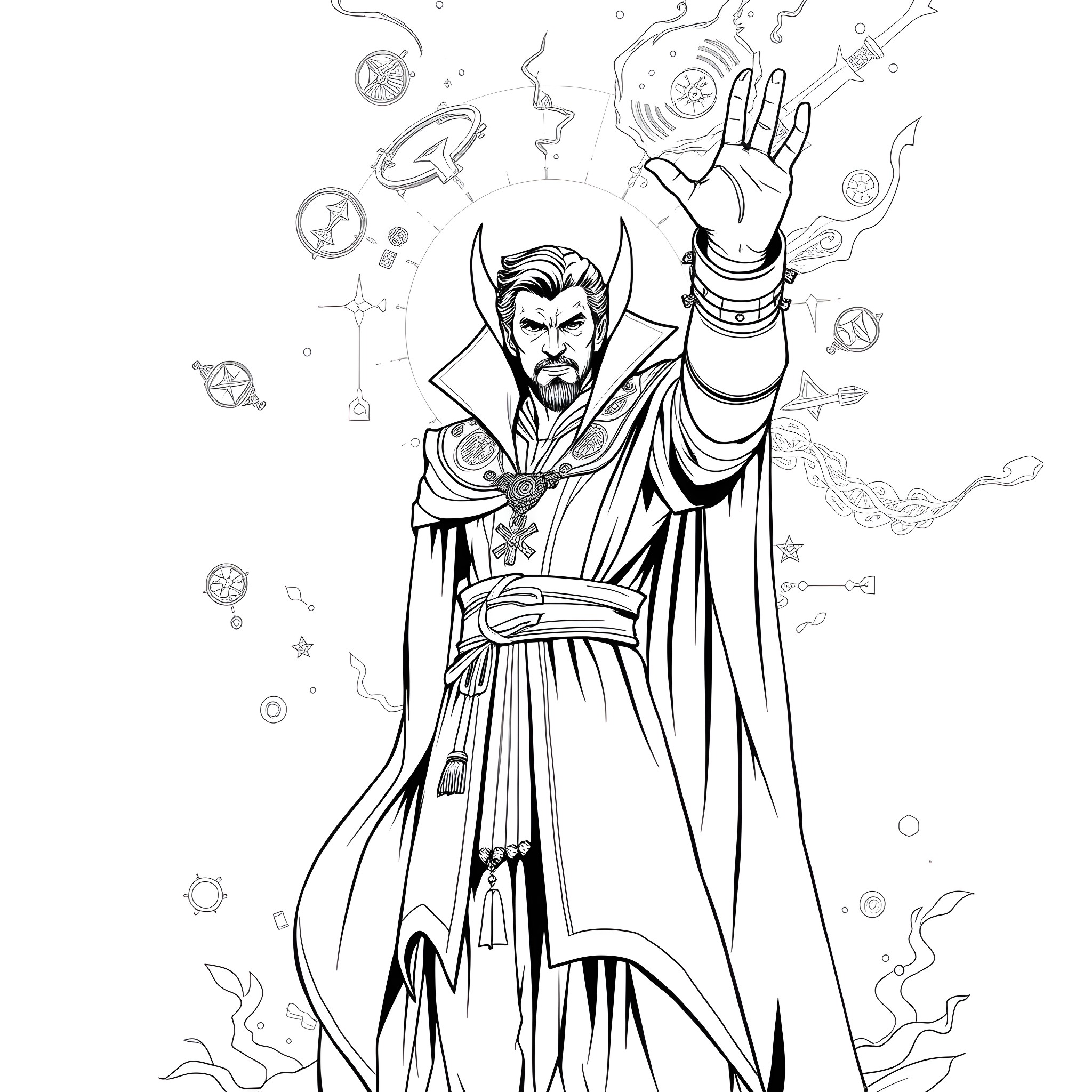 Doctor Strange performing magical spells and gestures Coloring Page (free black-and-white line drawing printable PDF for all, from beginners to advanced learners, including children, teens, adults, and seniors)