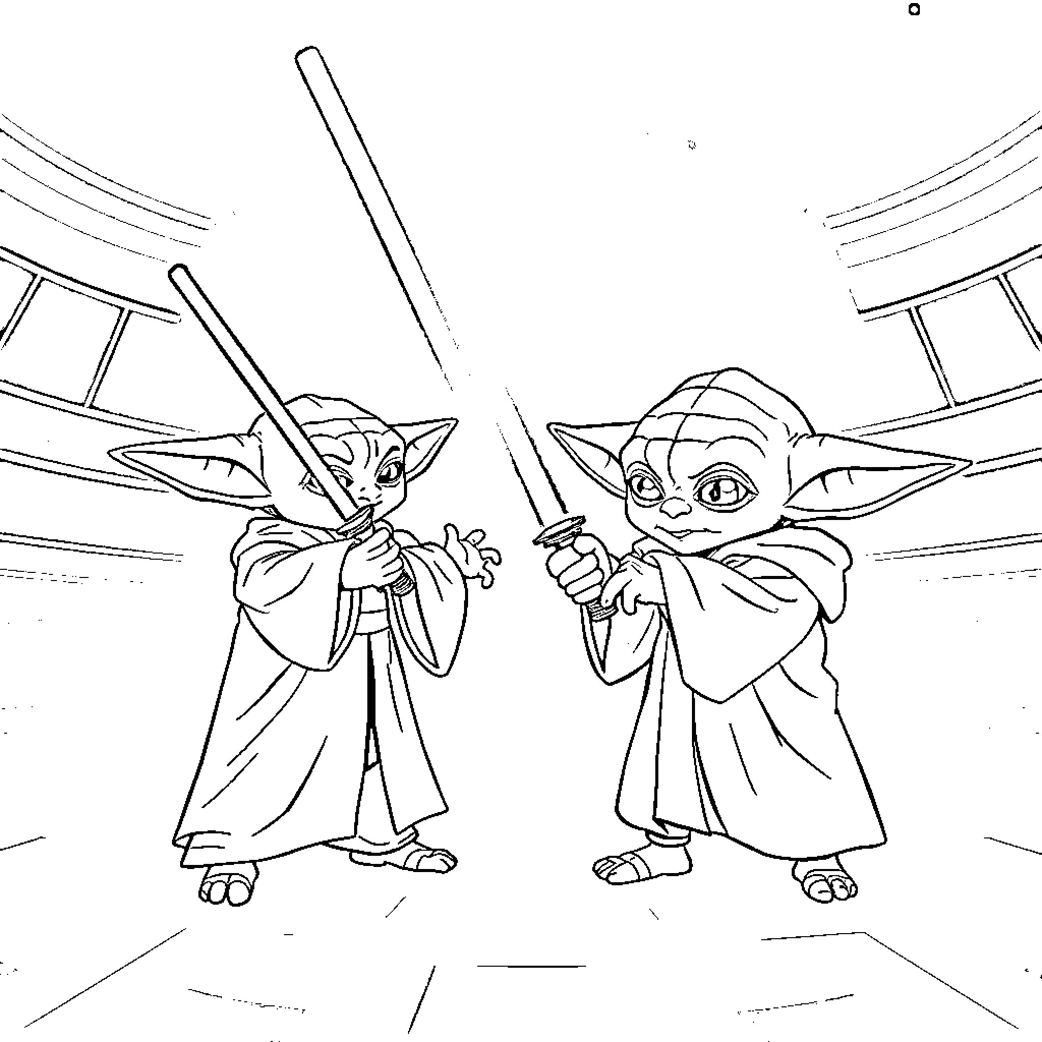 Yoda and Companion Dueling with Lightsabers Coloring Page (free black-and-white line drawing printable PDF for all, from beginners to advanced learners, including children, teens, adults, and seniors)