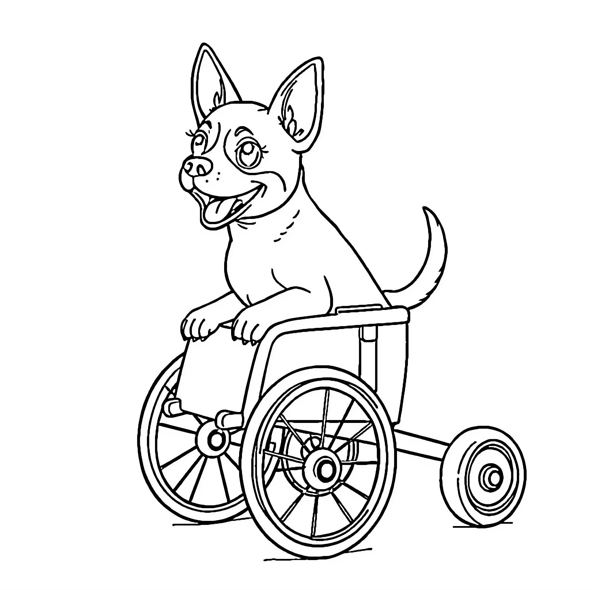 Dog in a wheelchair with a happy expression Coloring Page (free black-and-white line drawing printable PDF for all, from beginners to advanced learners, including children, teens, adults, and seniors)