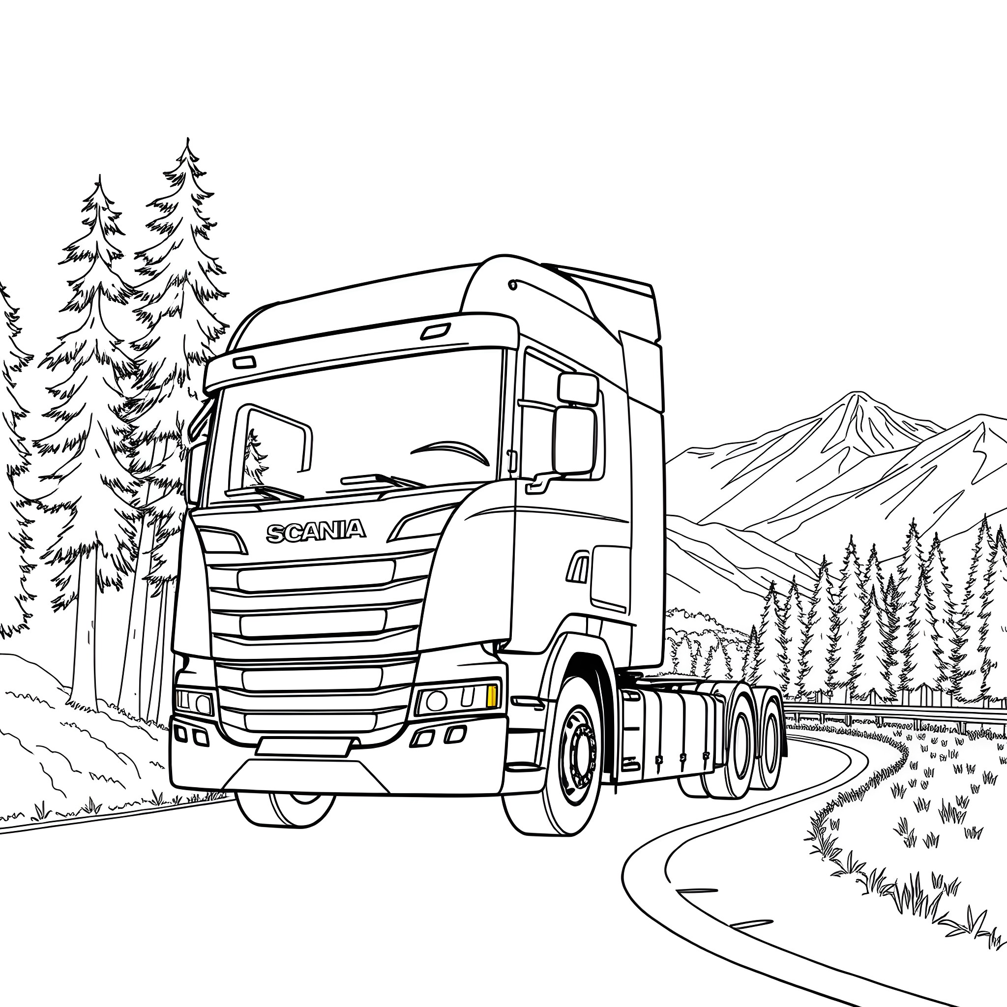 Scania P Truck Navigating Scenic Mountain Road Coloring Page (free black-and-white line drawing printable PDF for all, from beginners to advanced learners, including children, teens, adults, and seniors)