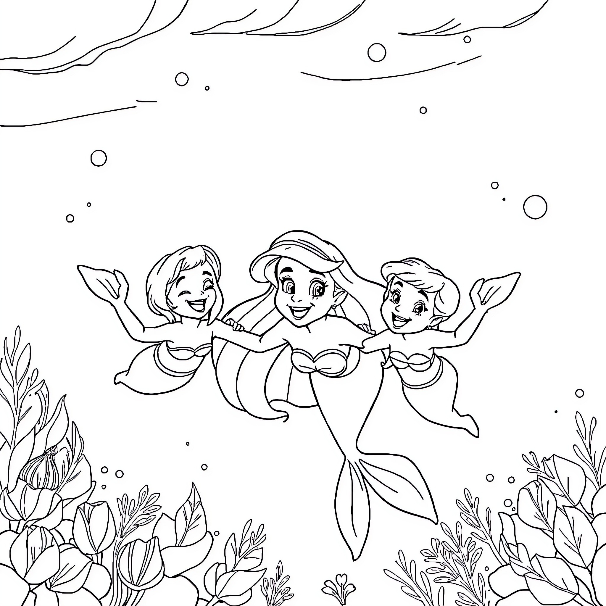 Ariel and friends swimming joyfully in the ocean Coloring Page (free black-and-white line drawing printable PDF for all, from beginners to advanced learners, including children, teens, adults, and seniors)