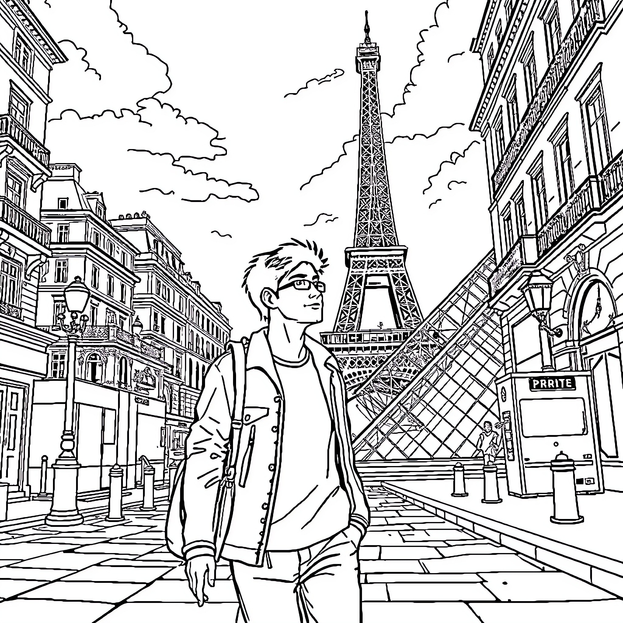 Ryo Saeba exploring the streets of Paris Coloring Page (free black-and-white line drawing printable PDF for all, from beginners to advanced learners, including children, teens, adults, and seniors)