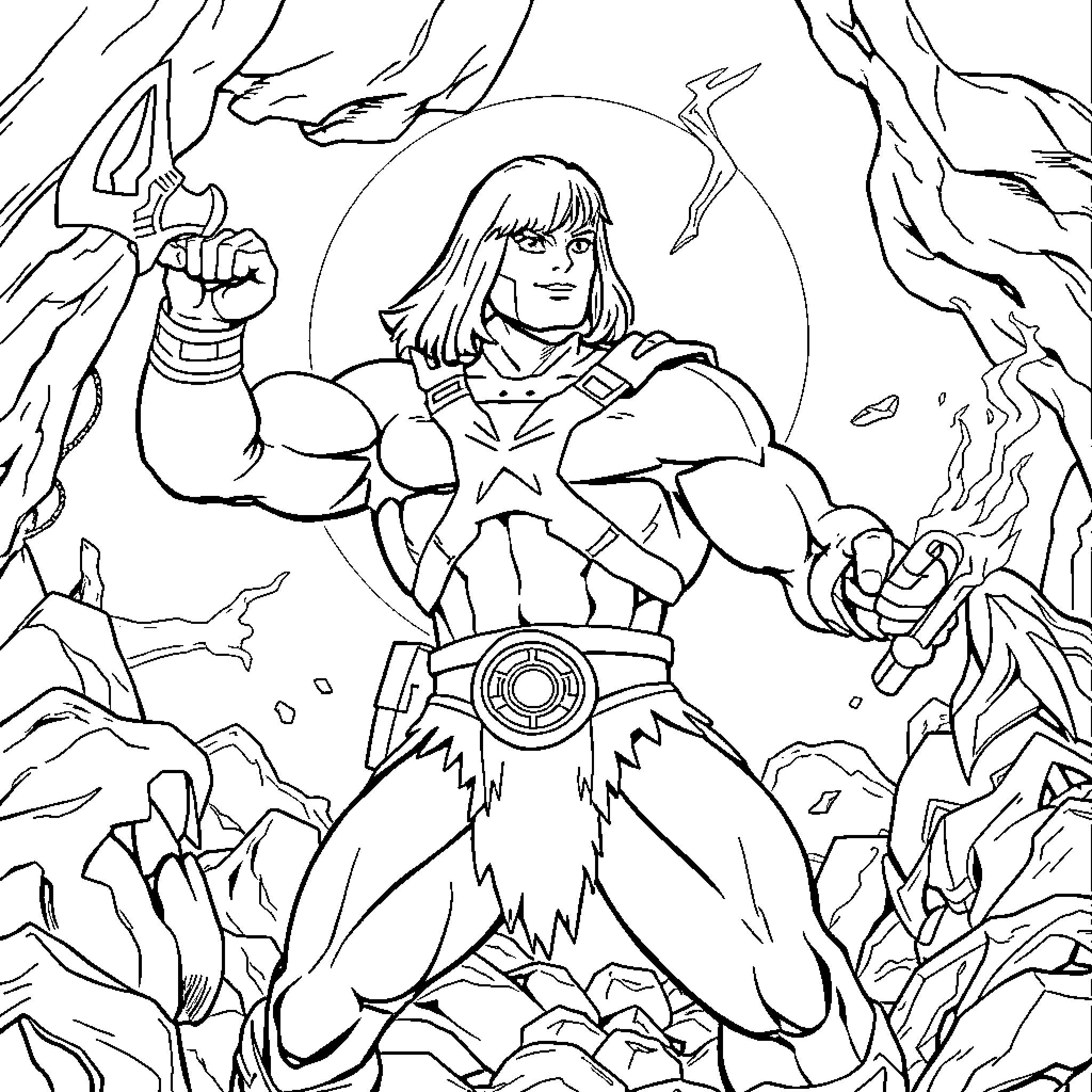He-Man's Heroic Stance in the Mythical Realm Coloring Page (free black-and-white line drawing printable PDF for all, from beginners to advanced learners, including children, teens, adults, and seniors)