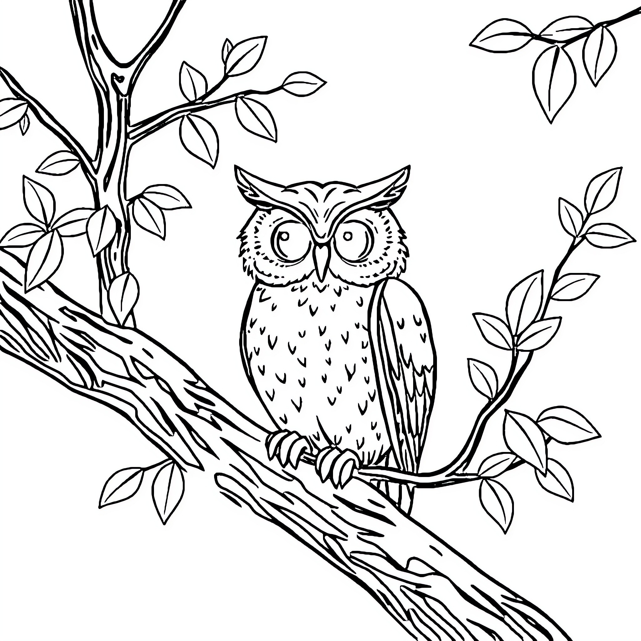 Owl perched in the forest with branches Coloring Page (free black-and-white line drawing printable PDF for all, from beginners to advanced learners, including children, teens, adults, and seniors)