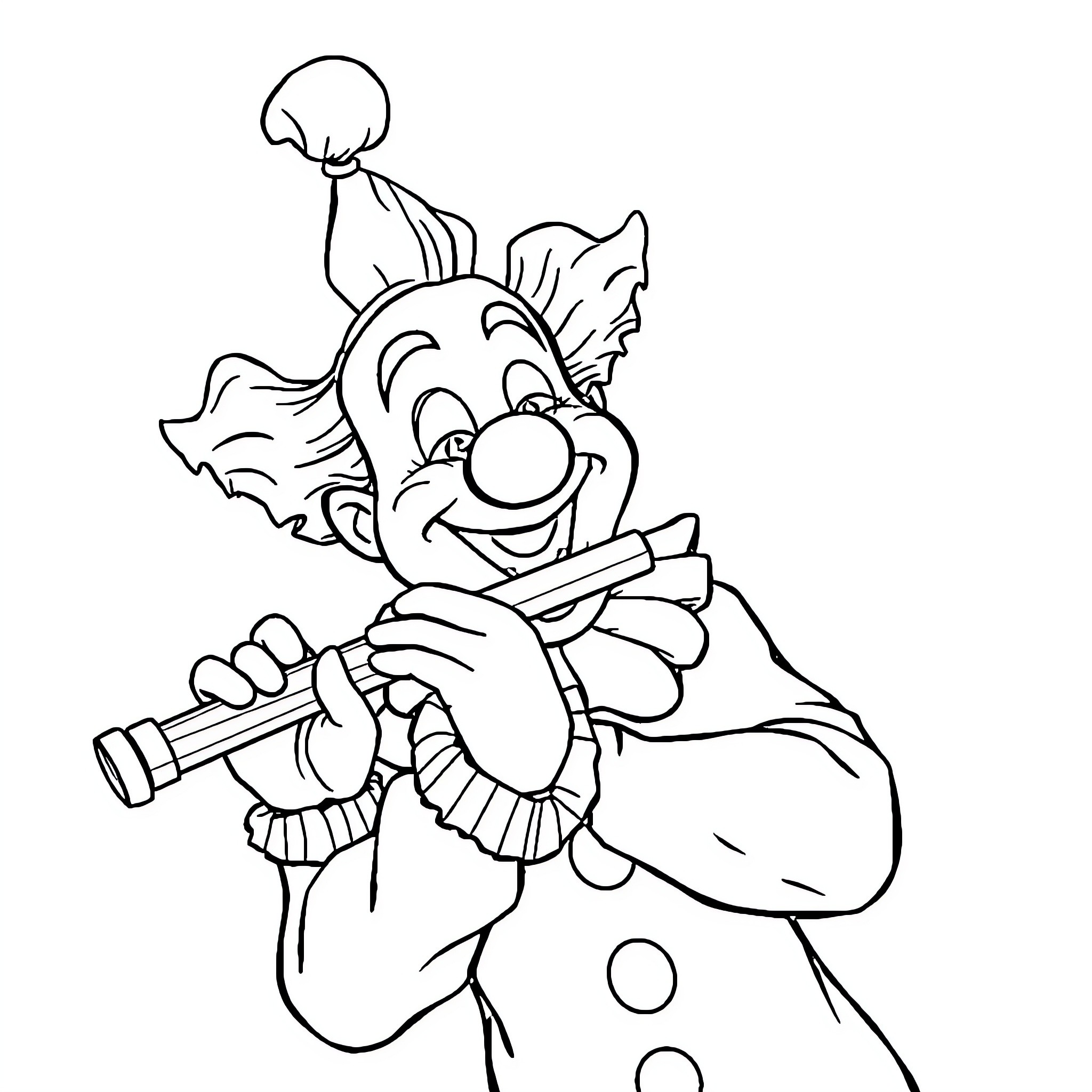 Clown performing with a telescope Coloring Page (free black-and-white line drawing printable PDF for all, from beginners to advanced learners, including children, teens, adults, and seniors)