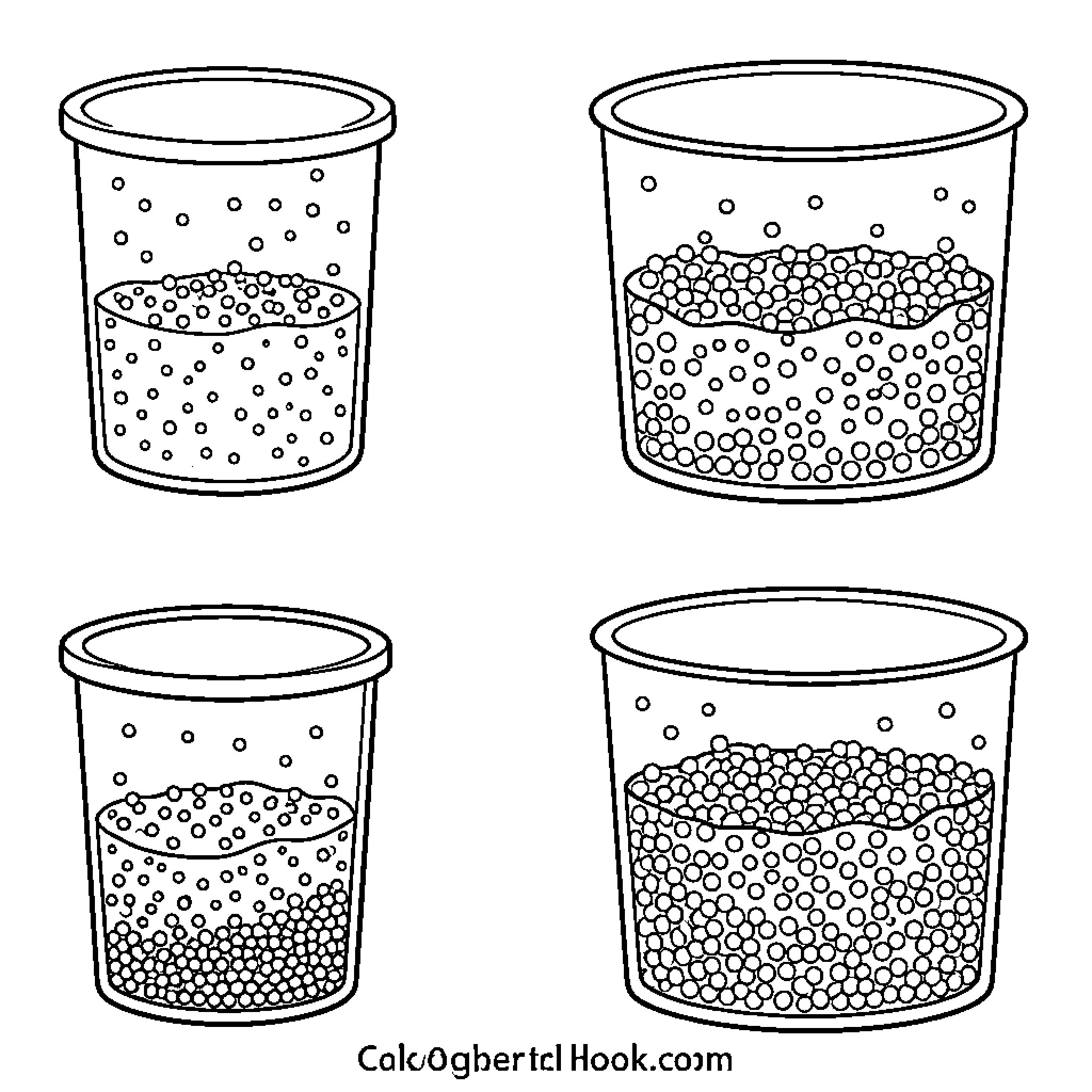Particle spheres filling up four different containers Coloring Page (free black-and-white line drawing printable PDF for all, from beginners to advanced learners, including children, teens, adults, and seniors)