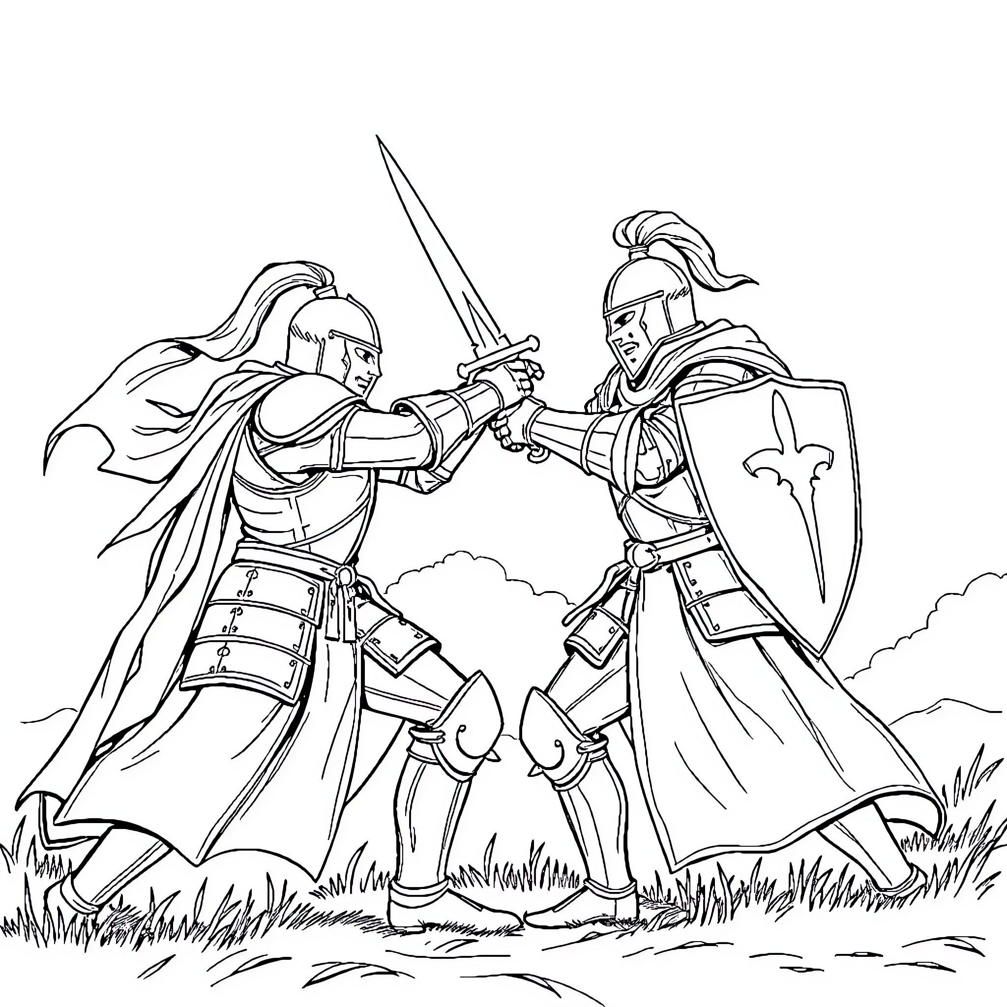 Character Knights in fierce combat on the battlefield Coloring Page (free black-and-white line drawing printable PDF for all, from beginners to advanced learners, including children, teens, adults, and seniors)