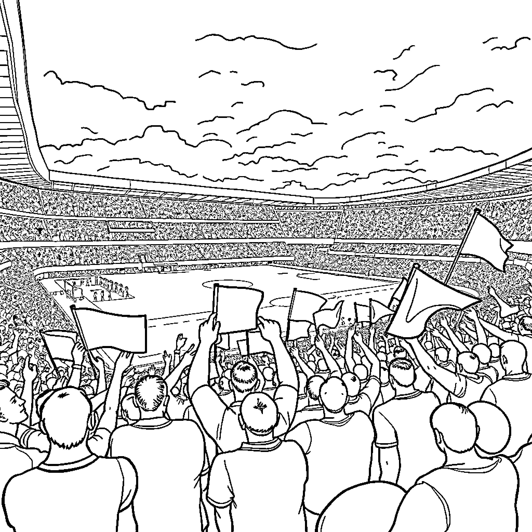 Fan cheering and waving flags in a packed stadium Coloring Page (free black-and-white line drawing printable PDF for all, from beginners to advanced learners, including children, teens, adults, and seniors)