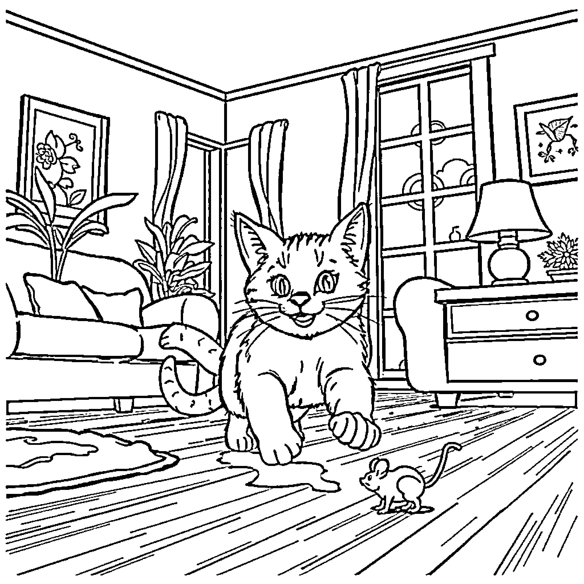 Cat Exploring a Cozy Indoor Scene Coloring Page (free black-and-white line drawing printable PDF for all, from beginners to advanced learners, including children, teens, adults, and seniors)