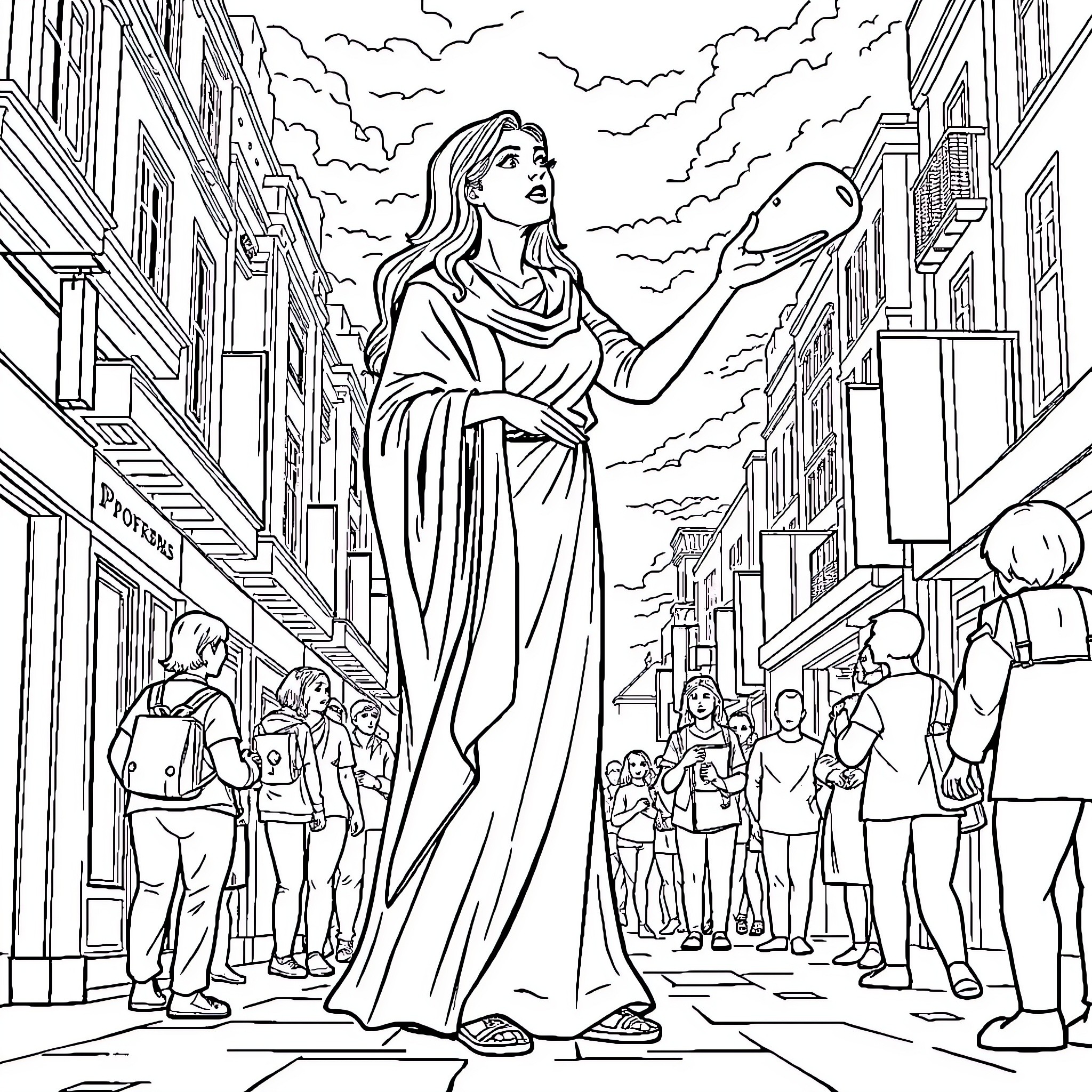 Lady Wisdom guiding the people through the city streets Coloring Page (free black-and-white line drawing printable PDF for all, from beginners to advanced learners, including children, teens, adults, and seniors)