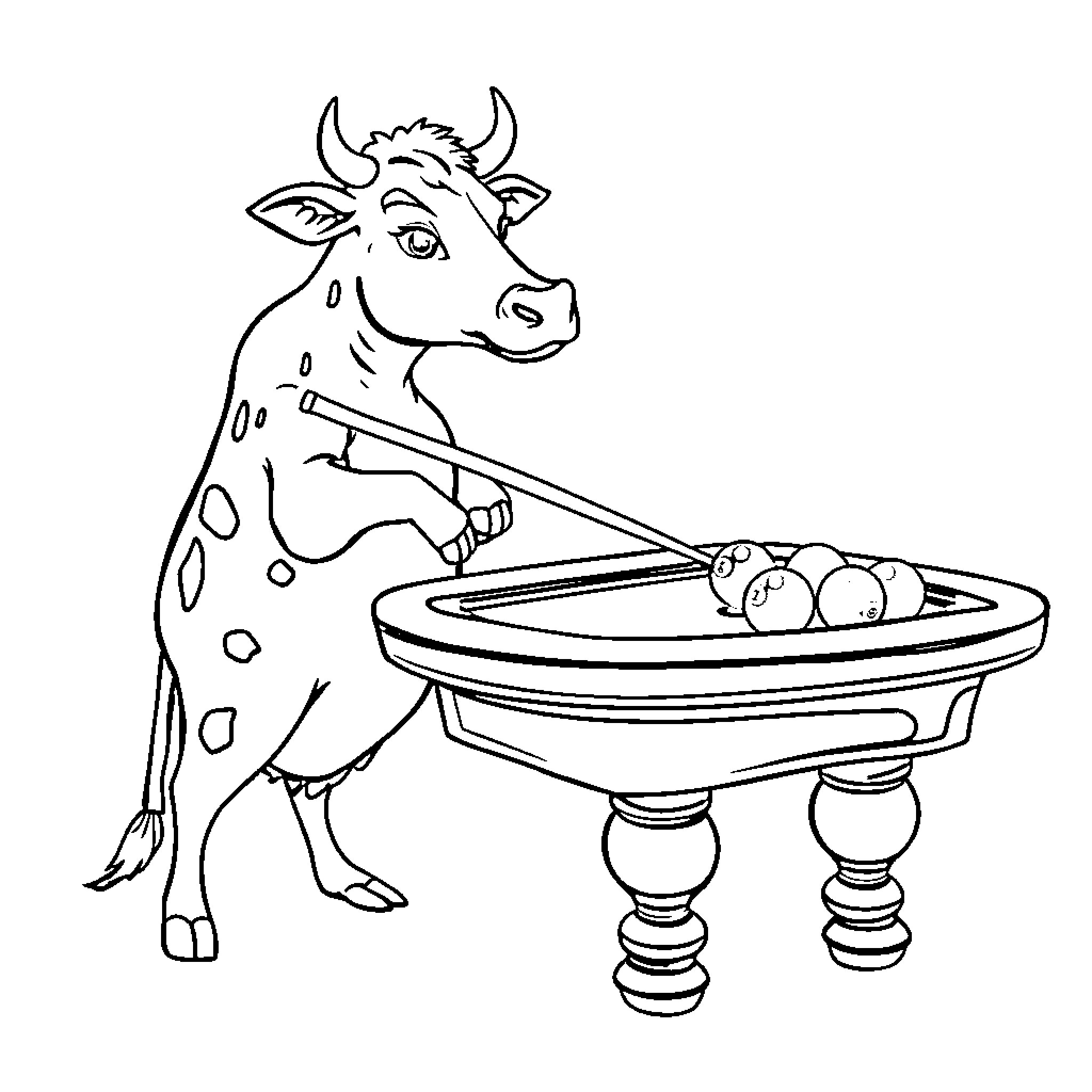Cow playing with toys on a table Coloring Page (free black-and-white line drawing printable PDF for all, from beginners to advanced learners, including children, teens, adults, and seniors)