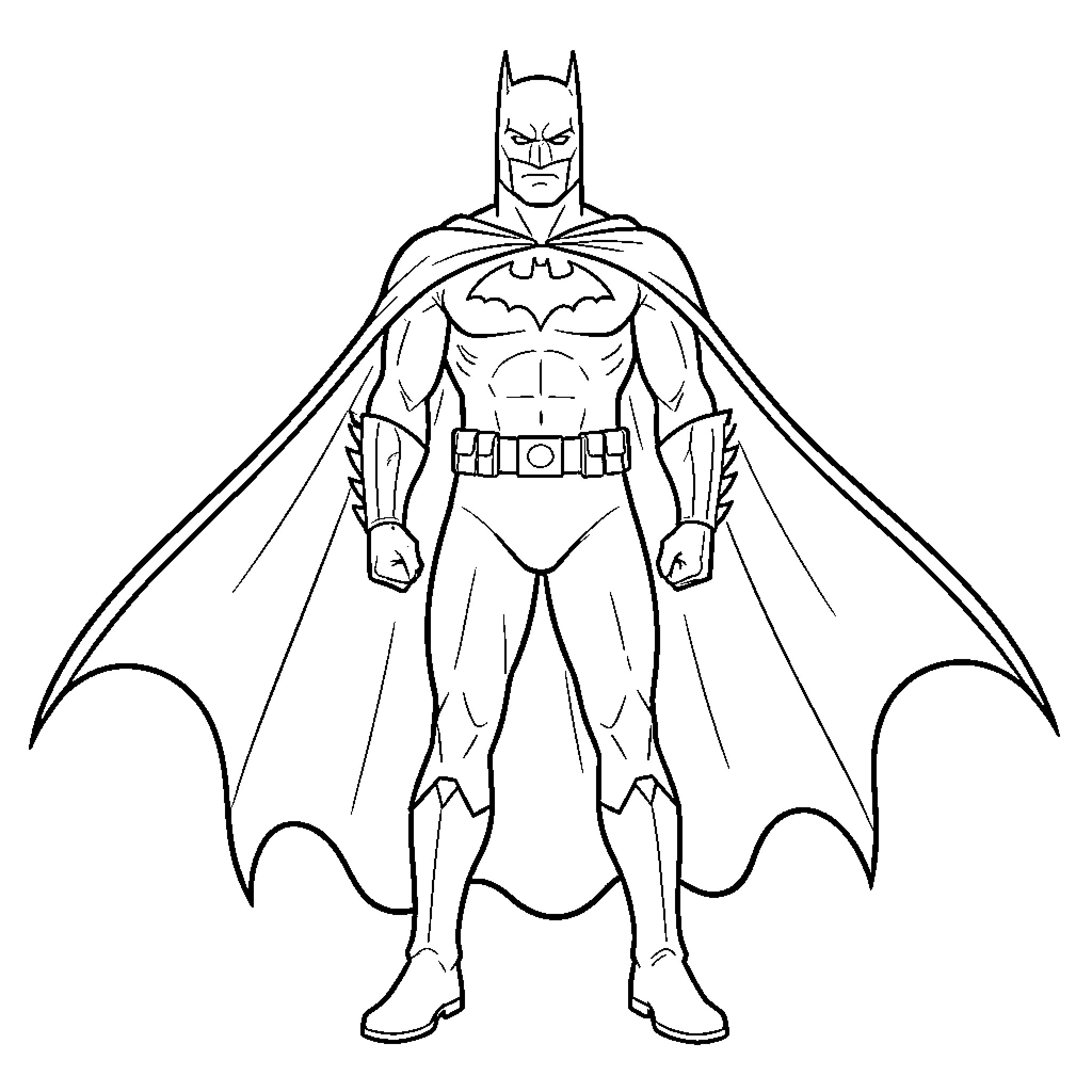 Batman in heroic pose with cape and utility belt Coloring Page (free black-and-white line drawing printable PDF for all, from beginners to advanced learners, including children, teens, adults, and seniors)
