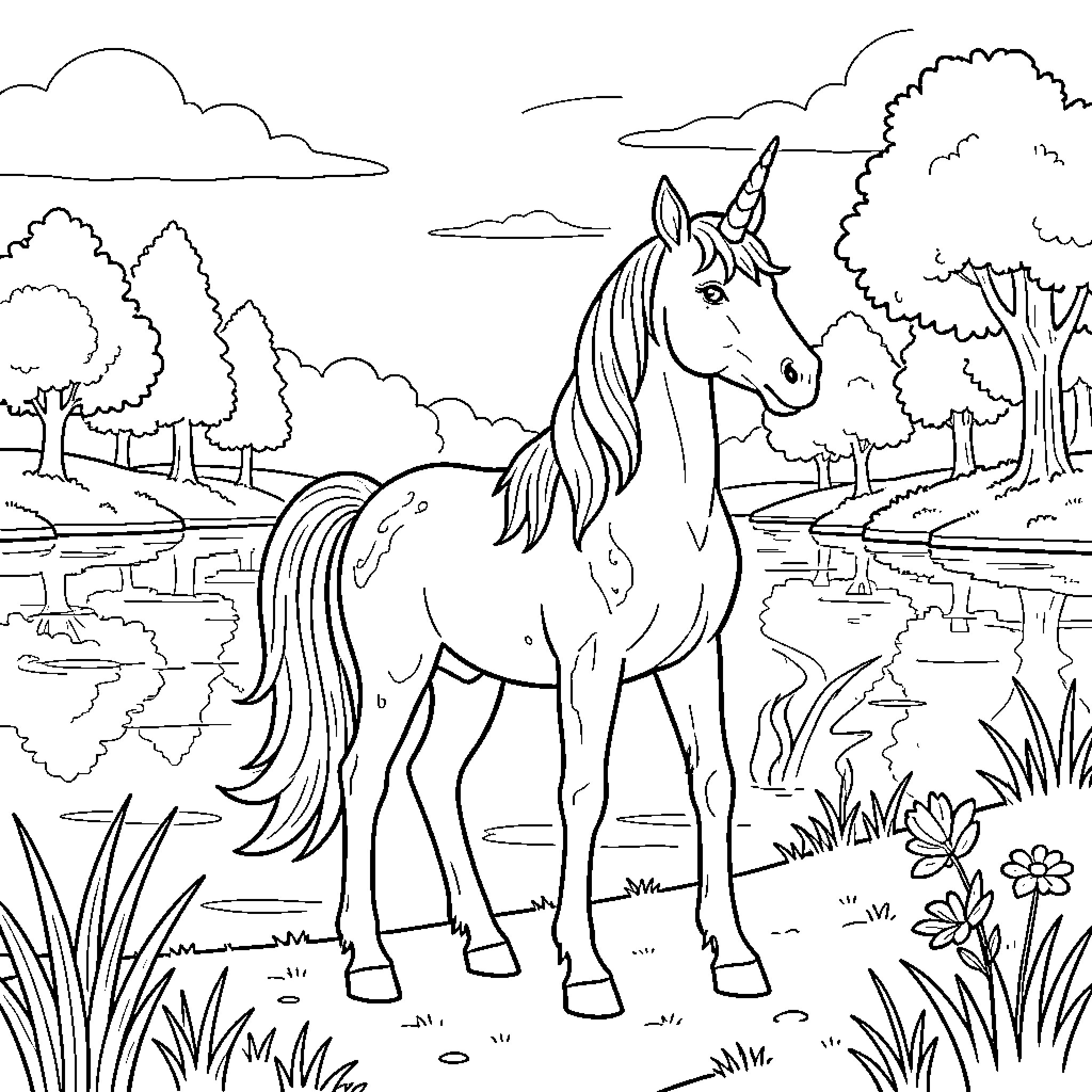 Water Unicorn standing gracefully by a peaceful river Coloring Page (free black-and-white line drawing printable PDF for all, from beginners to advanced learners, including children, teens, adults, and seniors)