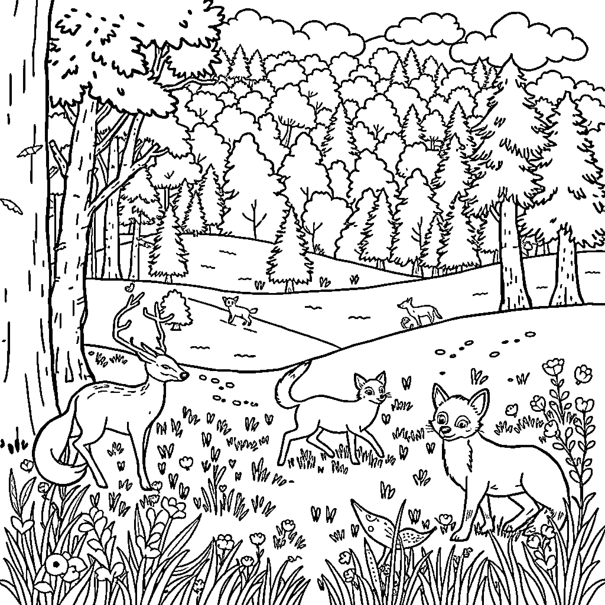 Wild Animals in the Lush Forest Landscape Coloring Page (free black-and-white line drawing printable PDF for all, from beginners to advanced learners, including children, teens, adults, and seniors)