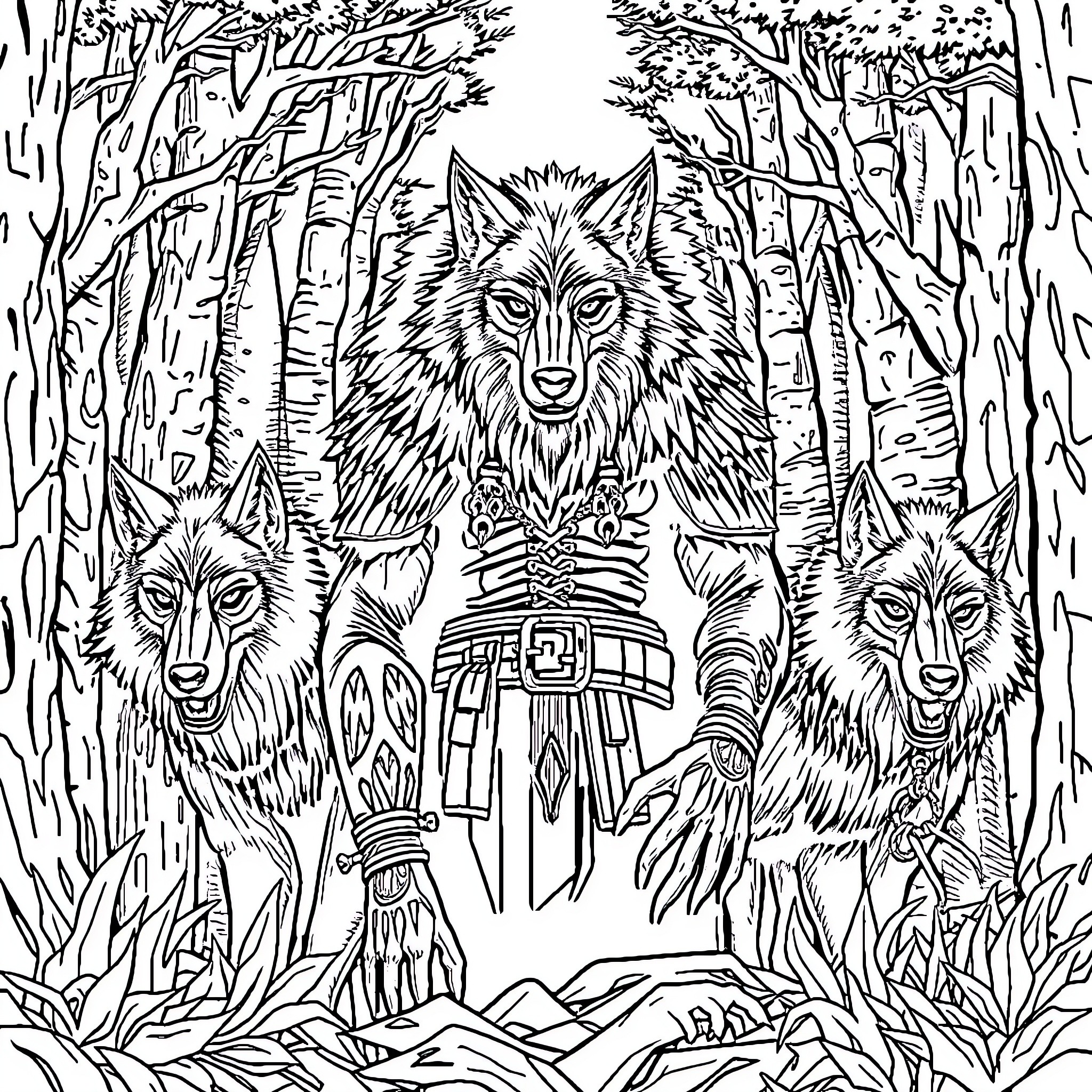 Wolf pack standing guard in the forest Coloring Page (free black-and-white line drawing printable PDF for all, from beginners to advanced learners, including children, teens, adults, and seniors)