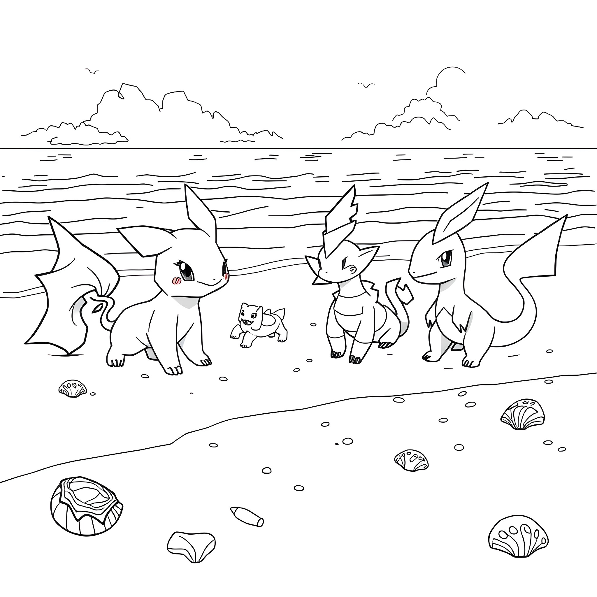 Pokémon playing on the beach Coloring Page (free black-and-white line drawing printable PDF for all, from beginners to advanced learners, including children, teens, adults, and seniors)