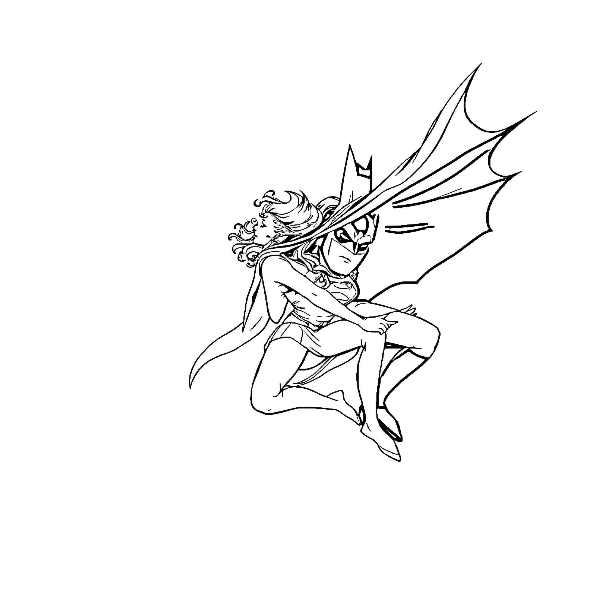 Batman in Action Pose with Flowing Cape Coloring Page (free black-and-white line drawing printable PDF for all, from beginners to advanced learners, including children, teens, adults, and seniors)