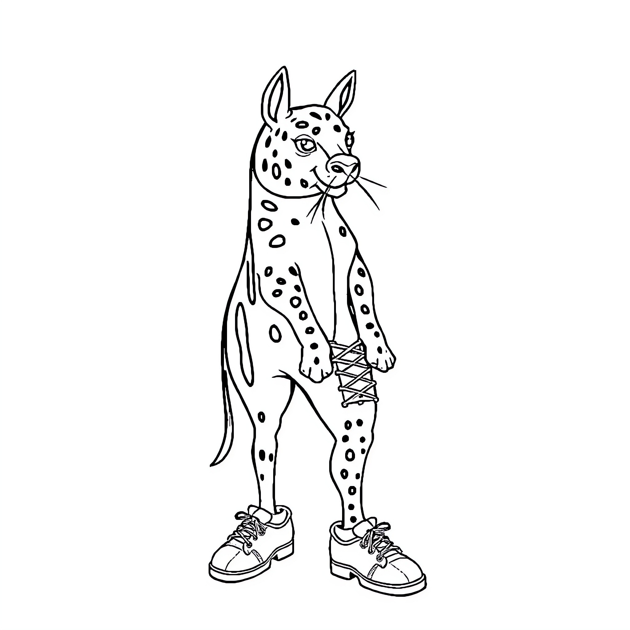 Tivuron's Animated Leopard Character with Sneakers Coloring Page (free black-and-white line drawing printable PDF for all, from beginners to advanced learners, including children, teens, adults, and seniors)