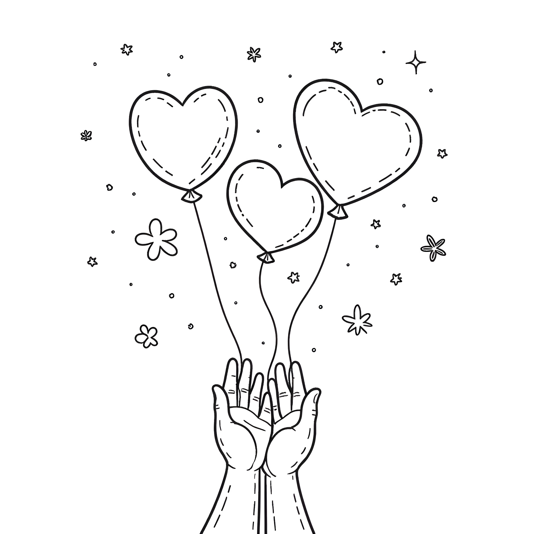Love Blossoms in Hands Coloring Page (free black-and-white line drawing printable PDF for all, from beginners to advanced learners, including children, teens, adults, and seniors)