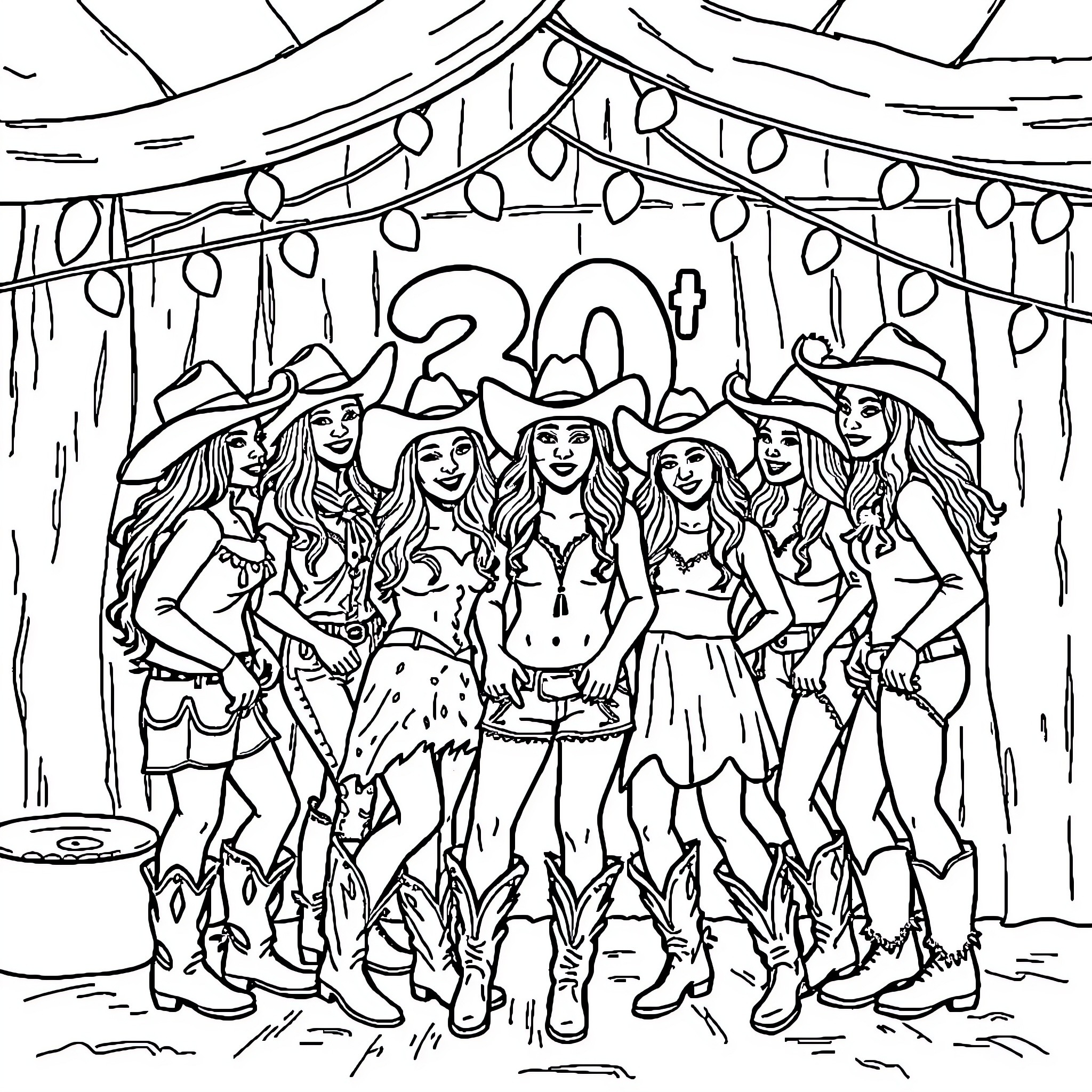 Cowgirls Celebrating at the 20th Party Coloring Page (free black-and-white line drawing printable PDF for all, from beginners to advanced learners, including children, teens, adults, and seniors)