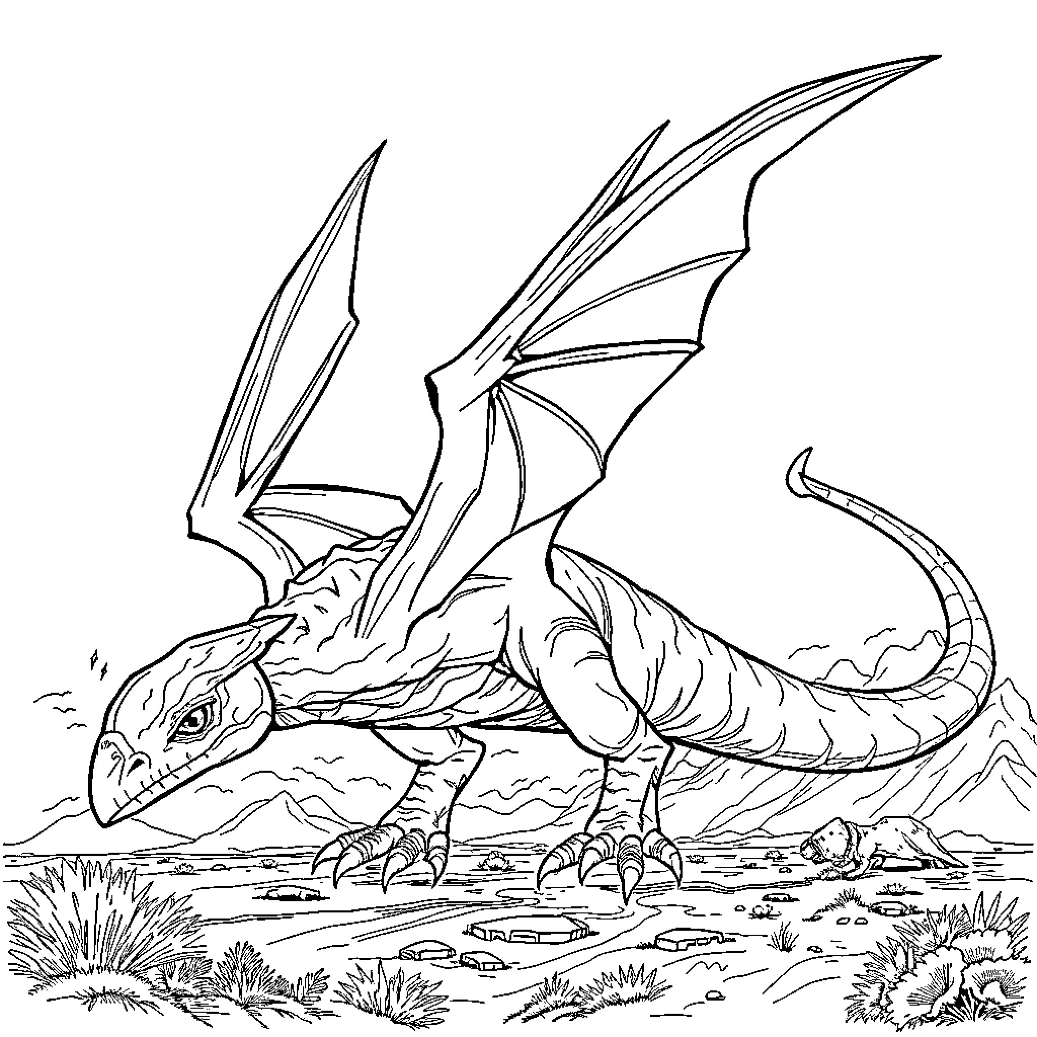 Monster Airplane Soaring Over Rocky Terrain Coloring Page (free black-and-white line drawing printable PDF for all, from beginners to advanced learners, including children, teens, adults, and seniors)