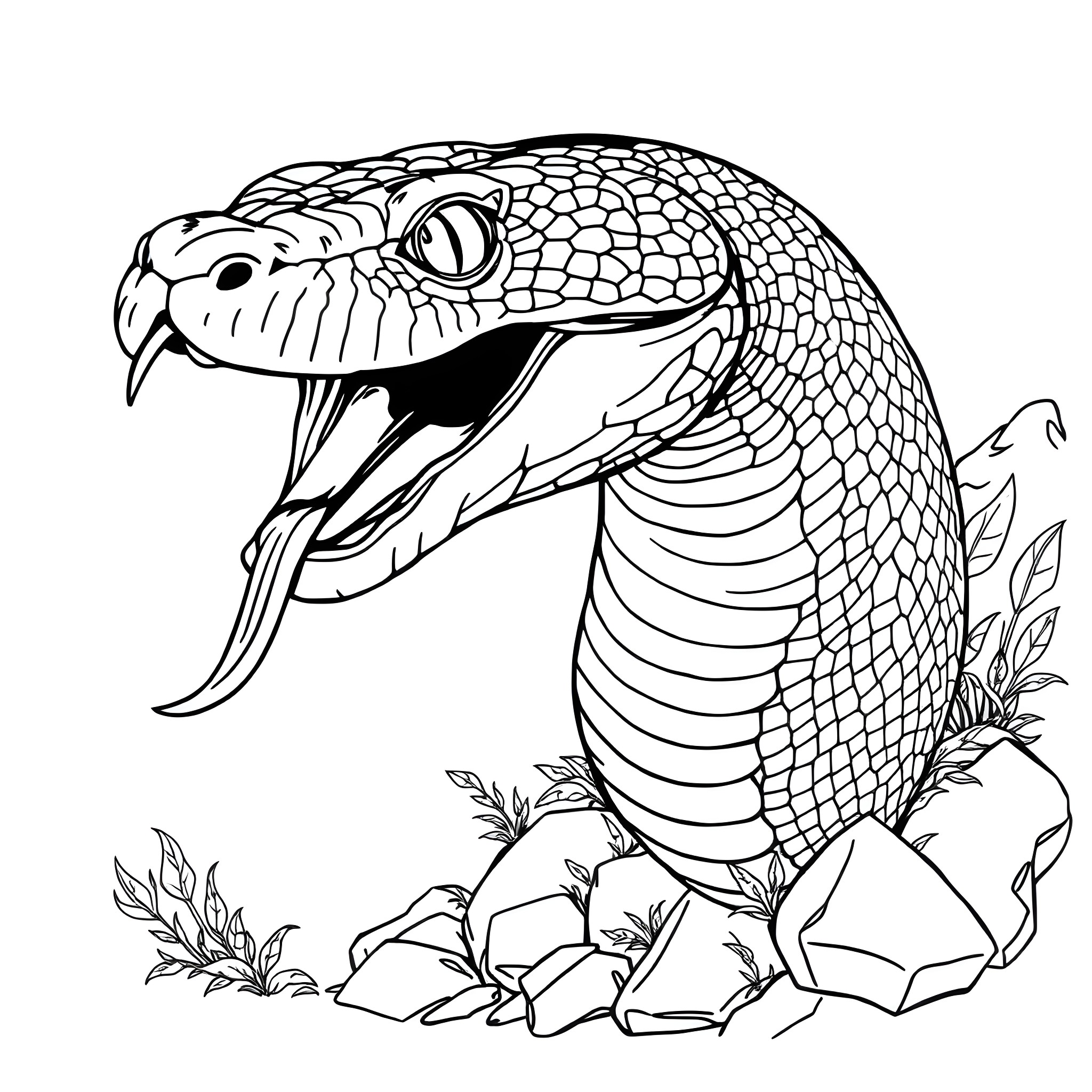 Snake coiled and ready to strike among rocks and foliage Coloring Page (free black-and-white line drawing printable PDF for all, from beginners to advanced learners, including children, teens, adults, and seniors)