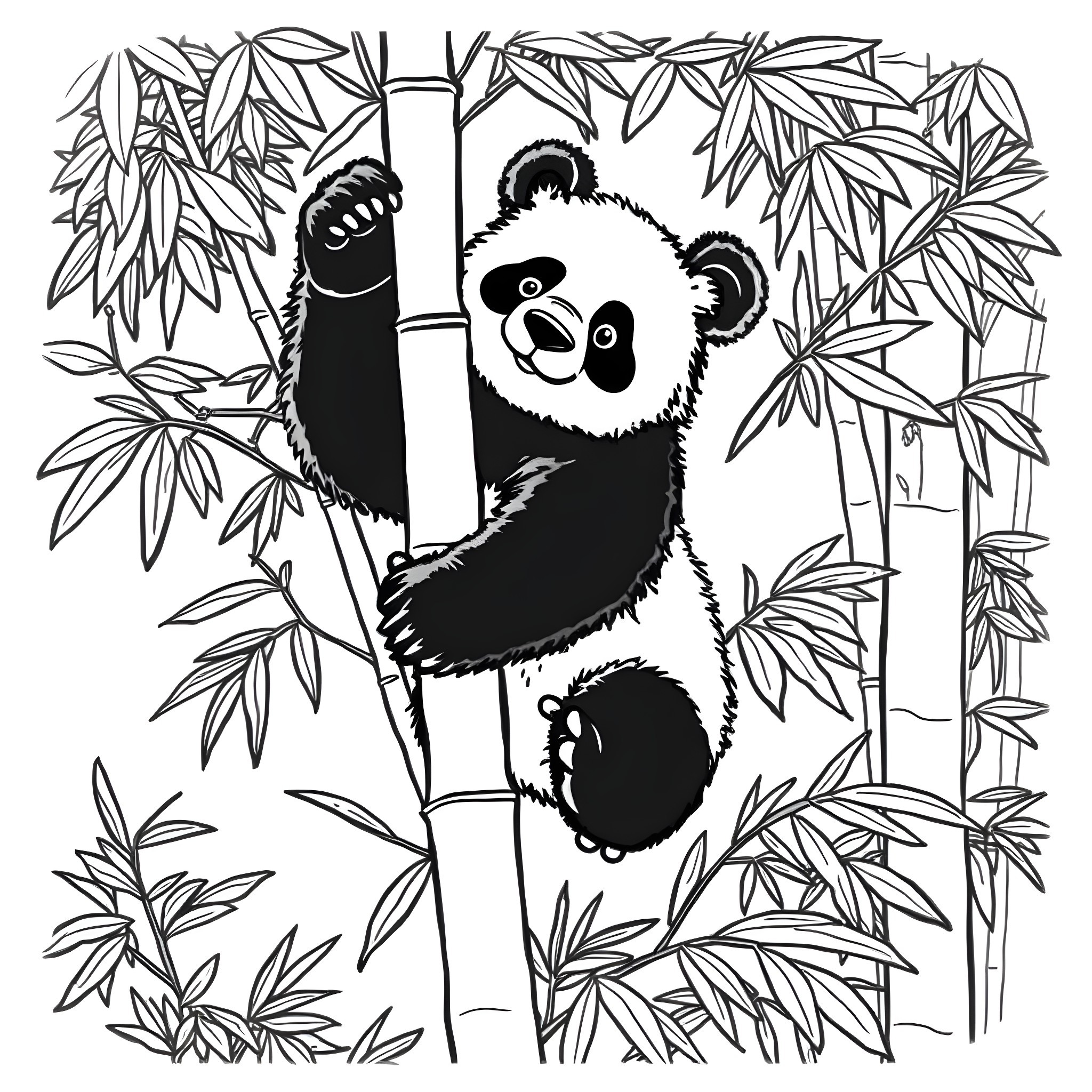 Panda playing in bamboo forest Coloring Page (free black-and-white line drawing printable PDF for all, from beginners to advanced learners, including children, teens, adults, and seniors)