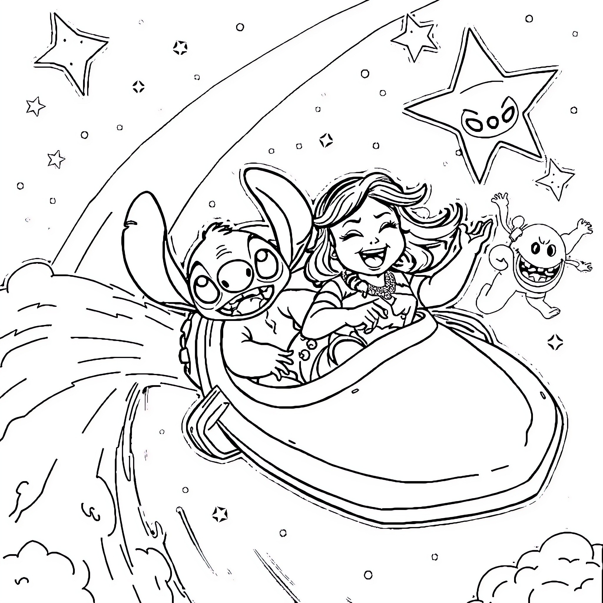 Lilo and friends soaring through the stars Coloring Page (free black-and-white line drawing printable PDF for all, from beginners to advanced learners, including children, teens, adults, and seniors)