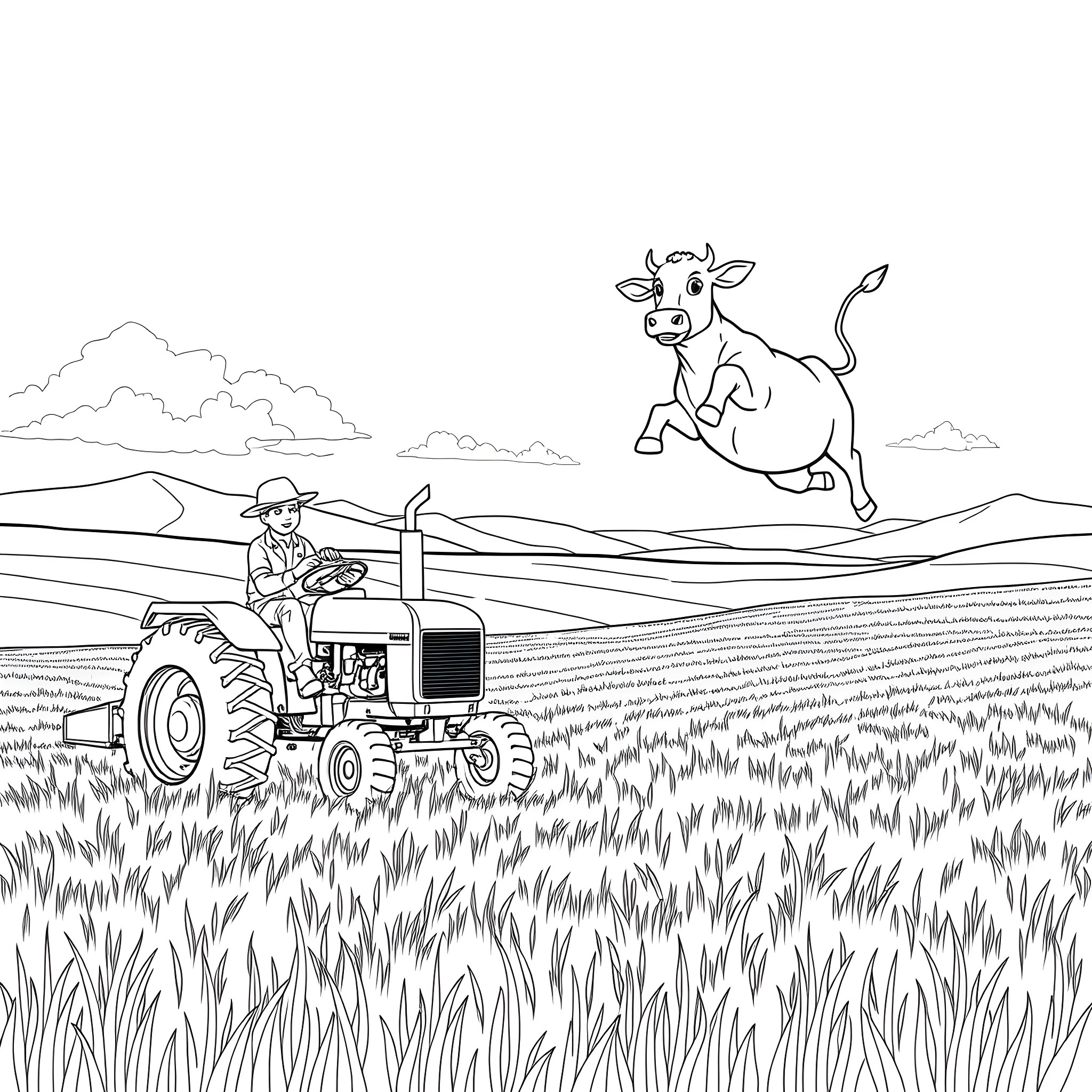 Farmer working diligently on the field with a playful cow Coloring Page (free black-and-white line drawing printable PDF for all, from beginners to advanced learners, including children, teens, adults, and seniors)