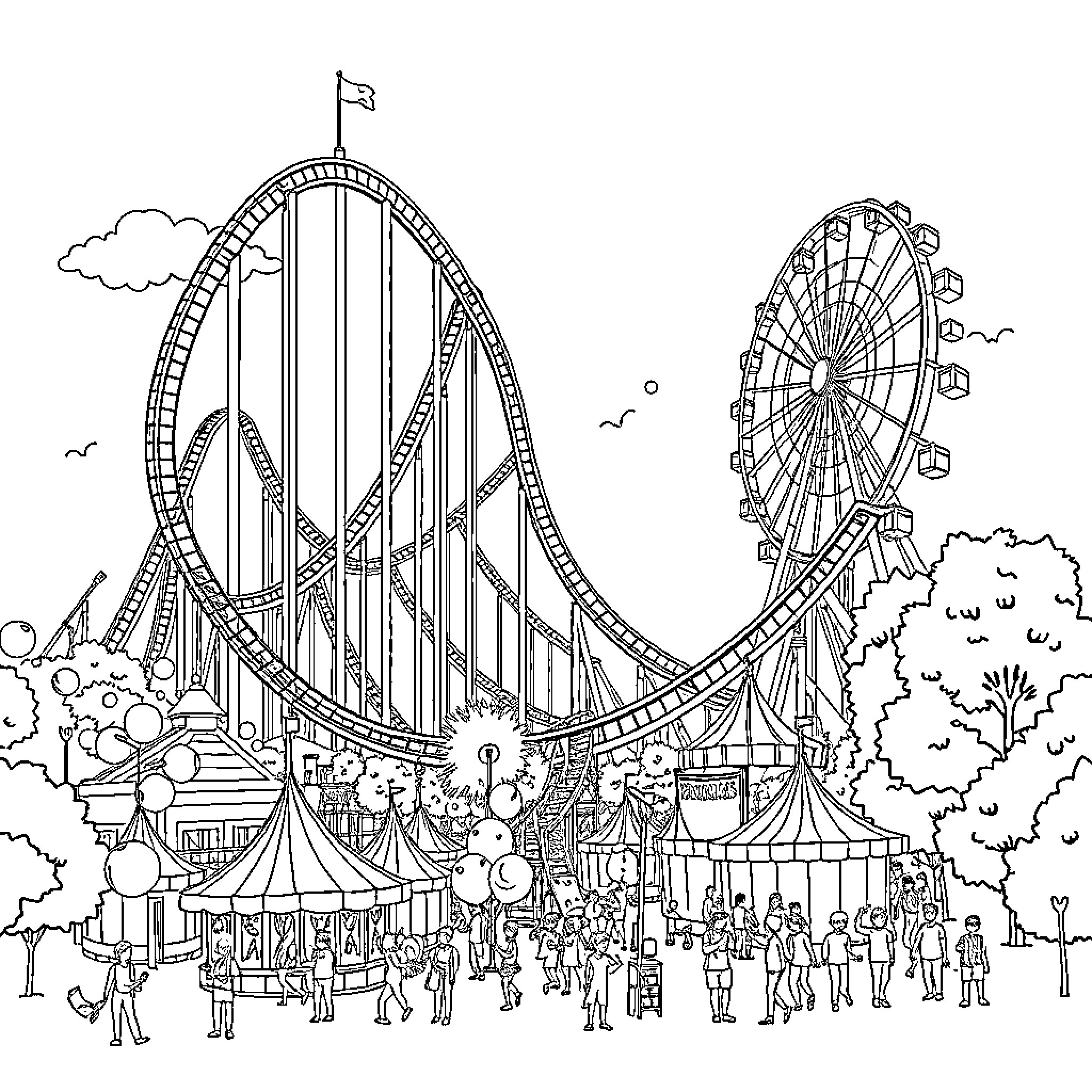 Roller Coaster Ride with Ferris Wheel at Amusement Park Coloring Page (free black-and-white line drawing printable PDF for all, from beginners to advanced learners, including children, teens, adults, and seniors)