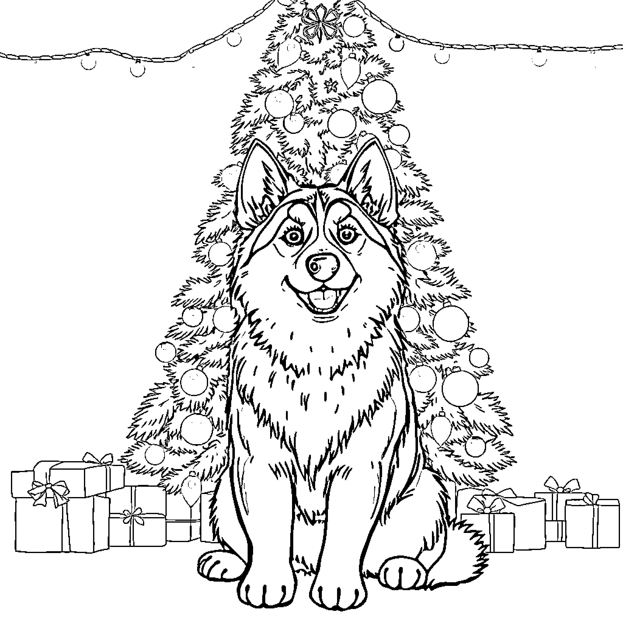 Husky dog celebrating Christmas with ornaments and gifts Coloring Page (free black-and-white line drawing printable PDF for all, from beginners to advanced learners, including children, teens, adults, and seniors)