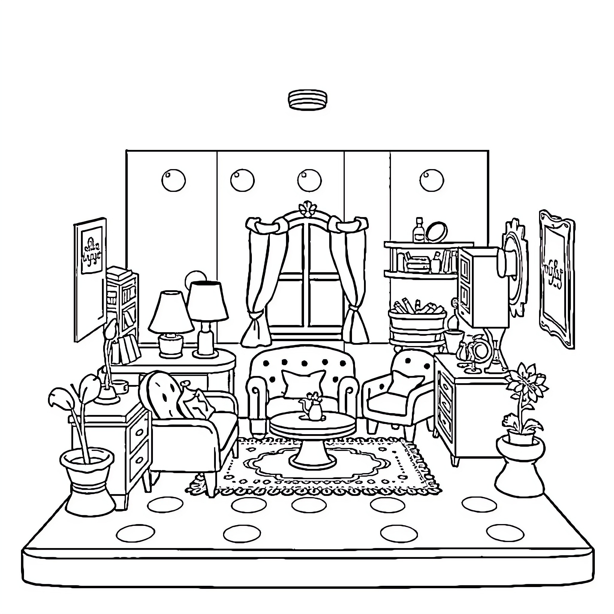 Polly Pocket's Cozy Bedroom Adventure Coloring Page (free black-and-white line drawing printable PDF for all, from beginners to advanced learners, including children, teens, adults, and seniors)