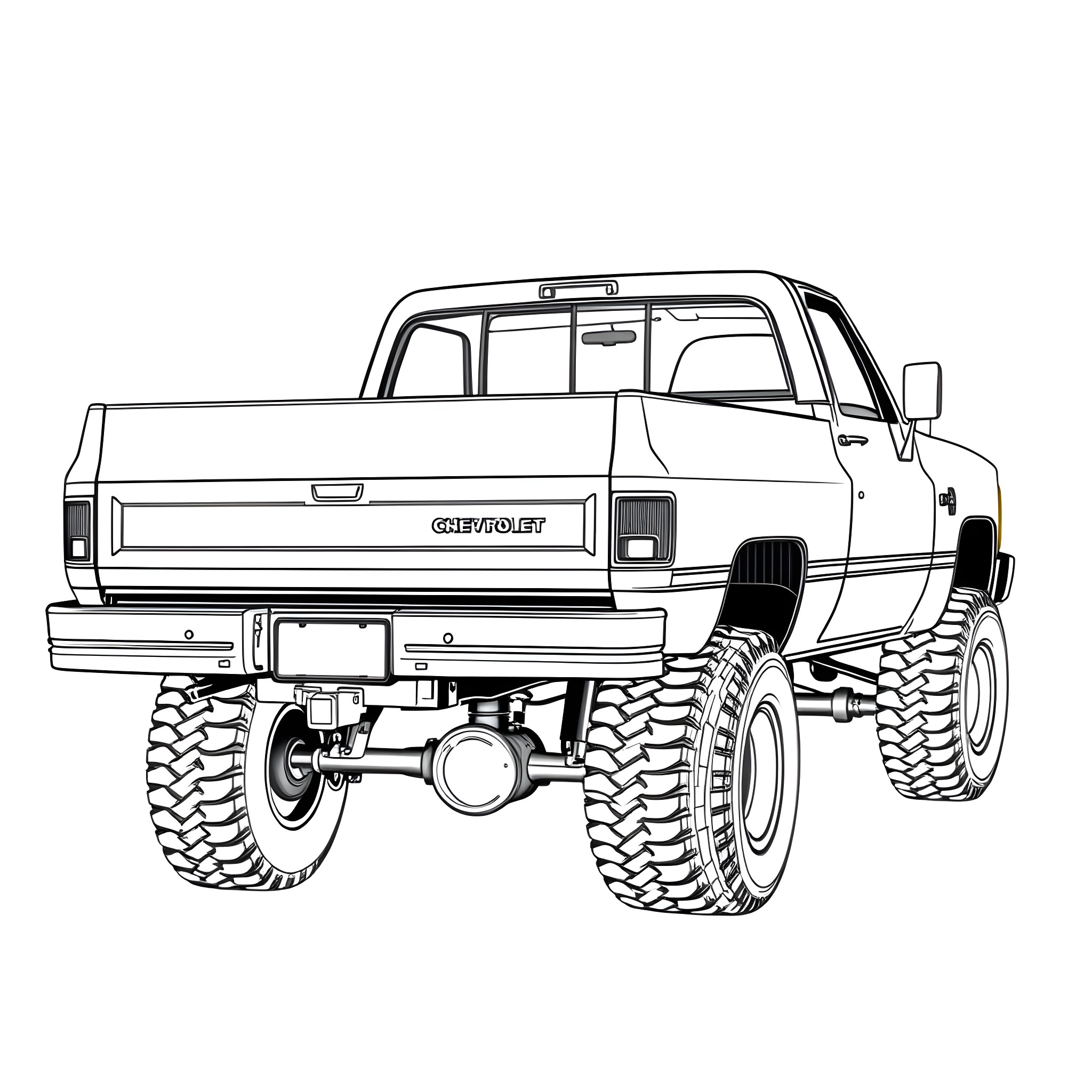 Chevy Truck with Muddy Off-Road Tires Coloring Page (free black-and-white line drawing printable PDF for all, from beginners to advanced learners, including children, teens, adults, and seniors)