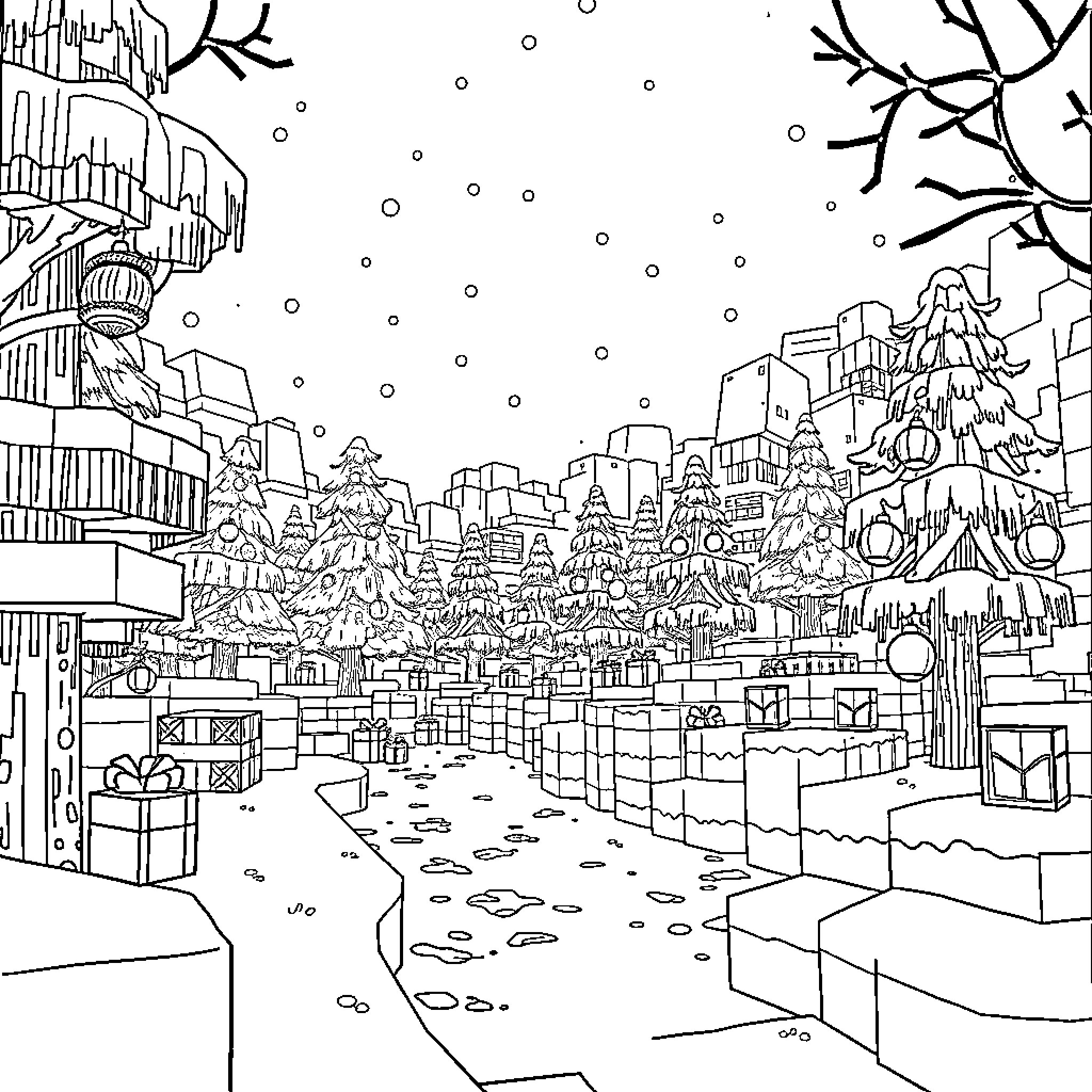 Minecraft winter wonderland with cozy village and snowy scenery Coloring Page (free black-and-white line drawing printable PDF for all, from beginners to advanced learners, including children, teens, adults, and seniors)