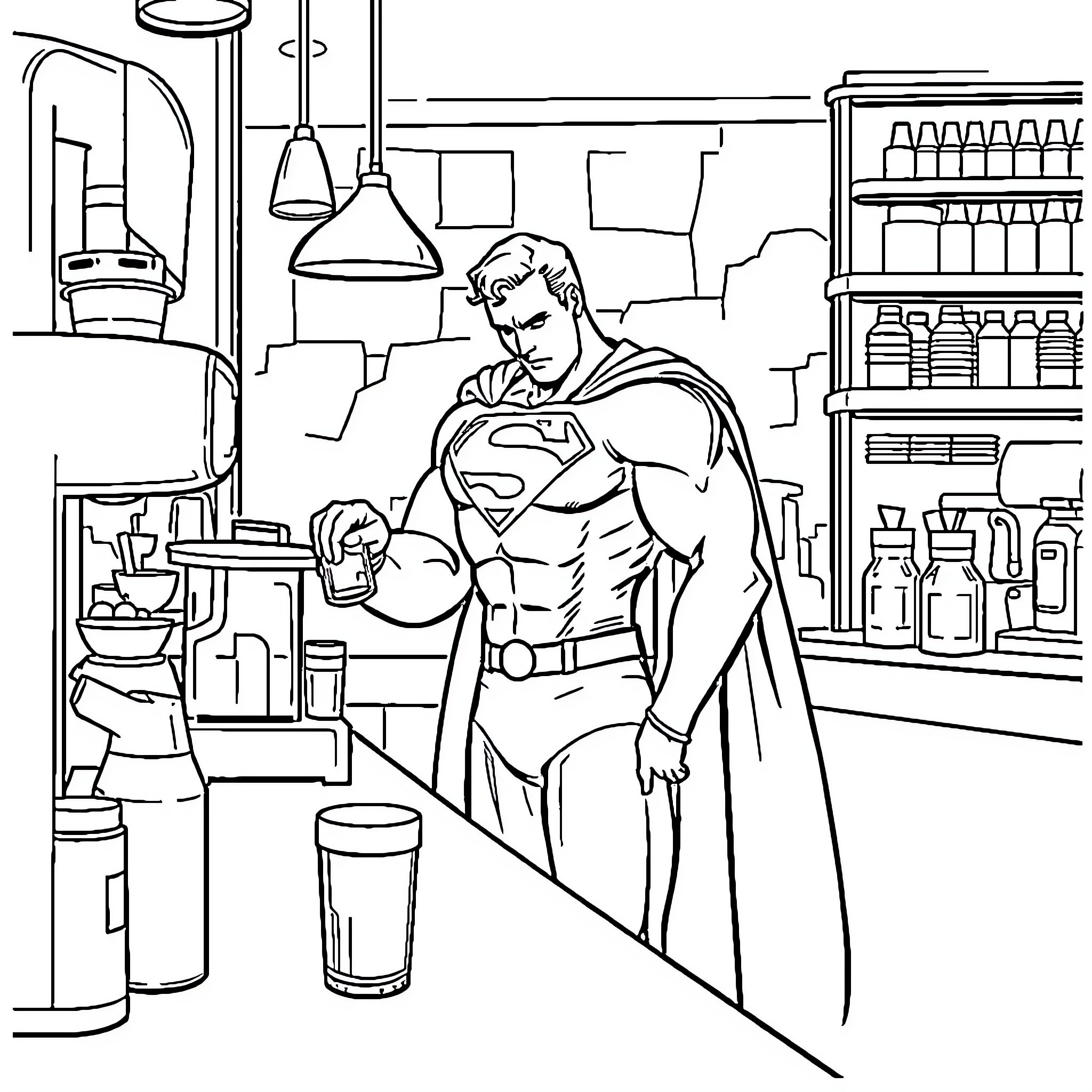 Superman in a Laboratory Setting Coloring Page (free black-and-white line drawing printable PDF for all, from beginners to advanced learners, including children, teens, adults, and seniors)
