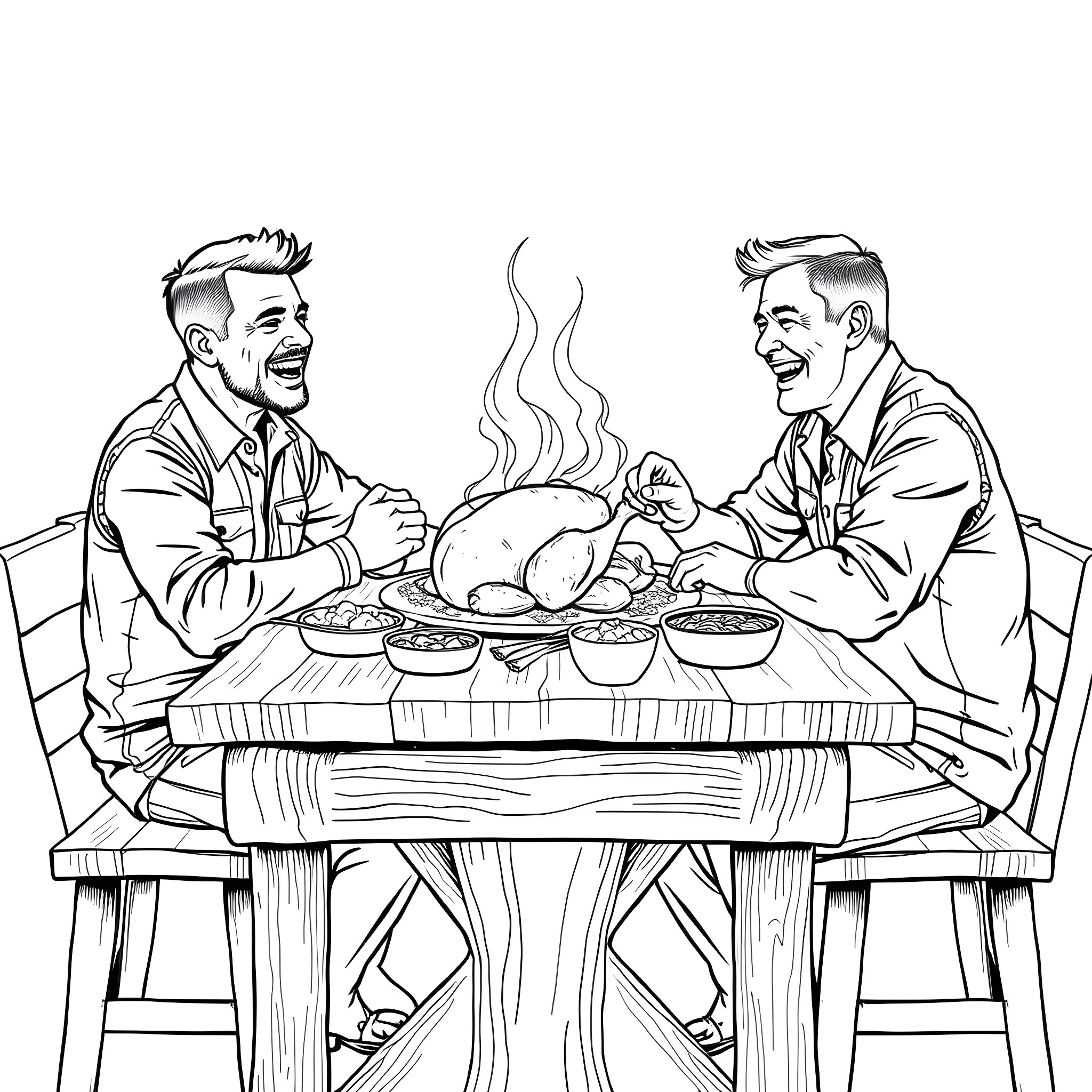 Men Enjoying Festive Meal Together Coloring Page (free black-and-white line drawing printable PDF for all, from beginners to advanced learners, including children, teens, adults, and seniors)