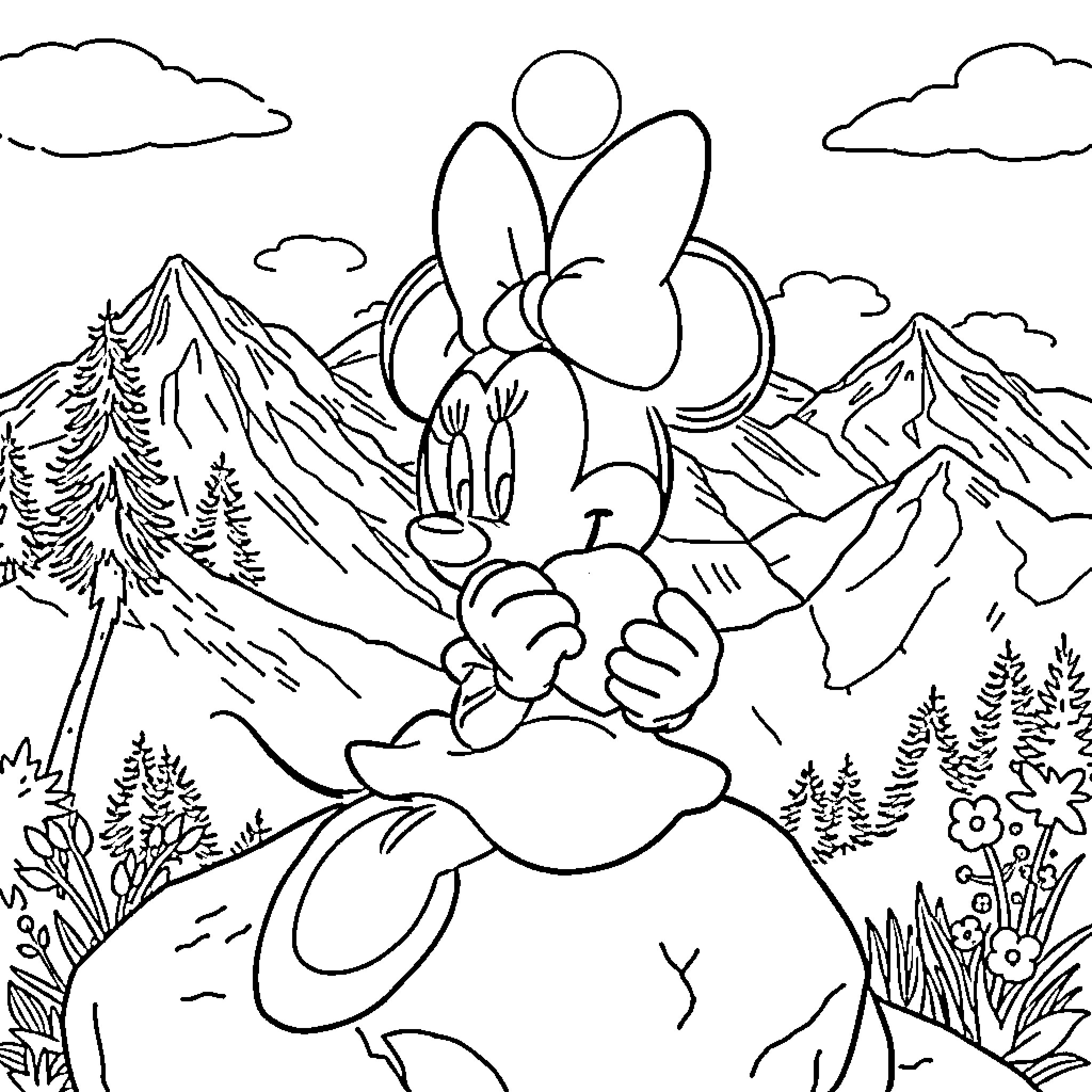 Minnie Mouse enjoying nature in the mountains Coloring Page (free black-and-white line drawing printable PDF for all, from beginners to advanced learners, including children, teens, adults, and seniors)