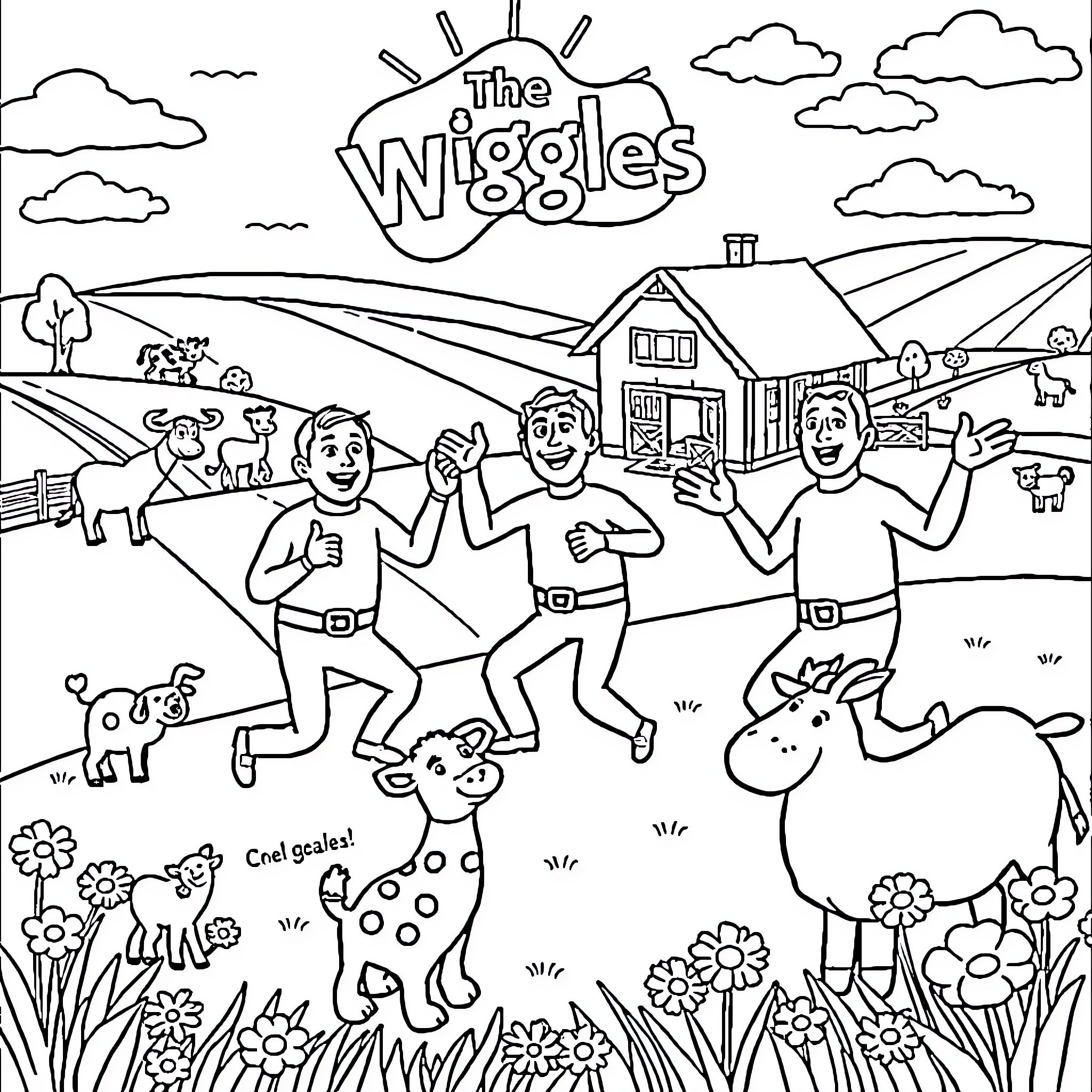Wiggles dancing joyfully in a pastoral scene Coloring Page (free black-and-white line drawing printable PDF for all, from beginners to advanced learners, including children, teens, adults, and seniors)