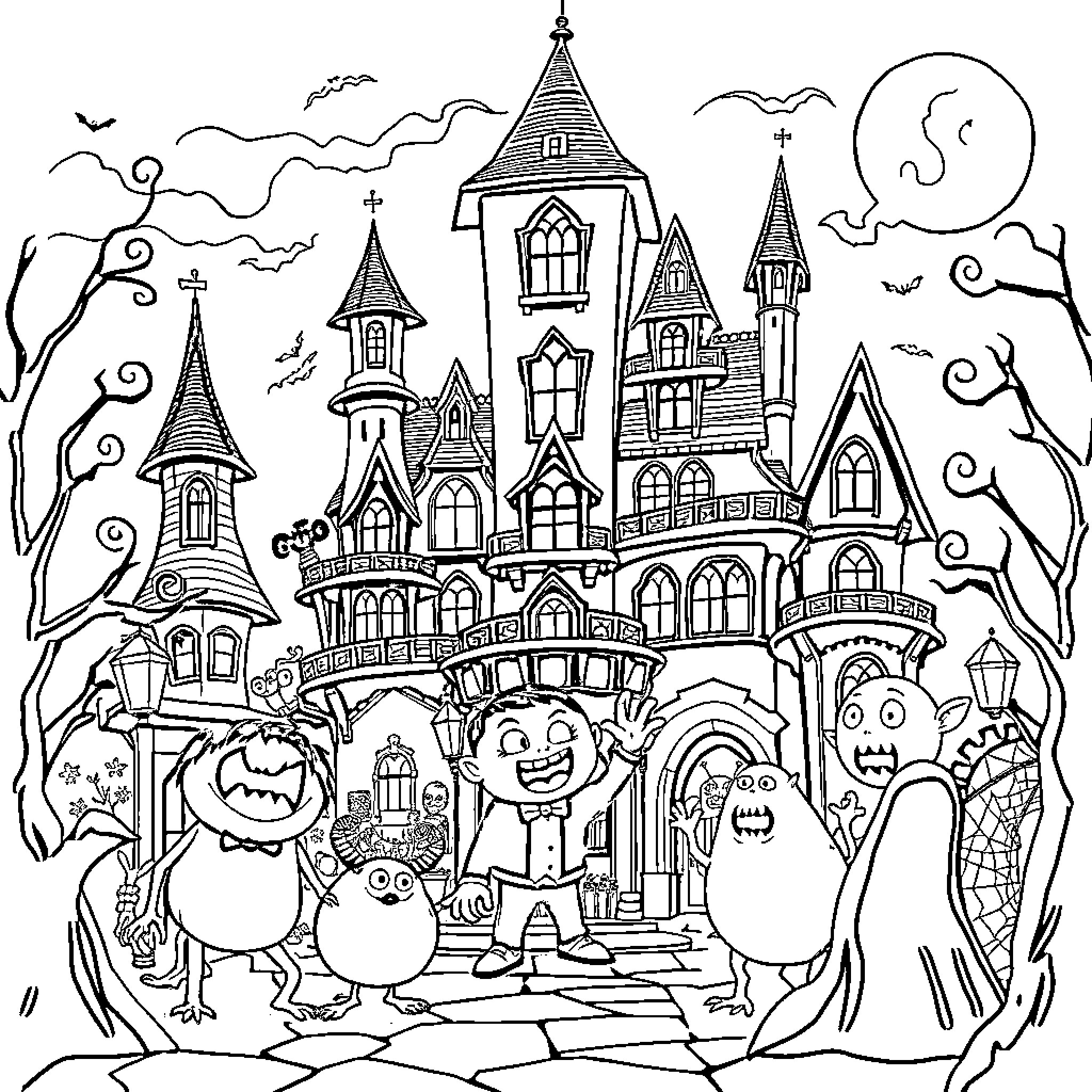 Hotel Transylvania: Spooky Scenes and Vibrant Characters Coloring Page (free black-and-white line drawing printable PDF for all, from beginners to advanced learners, including children, teens, adults, and seniors)