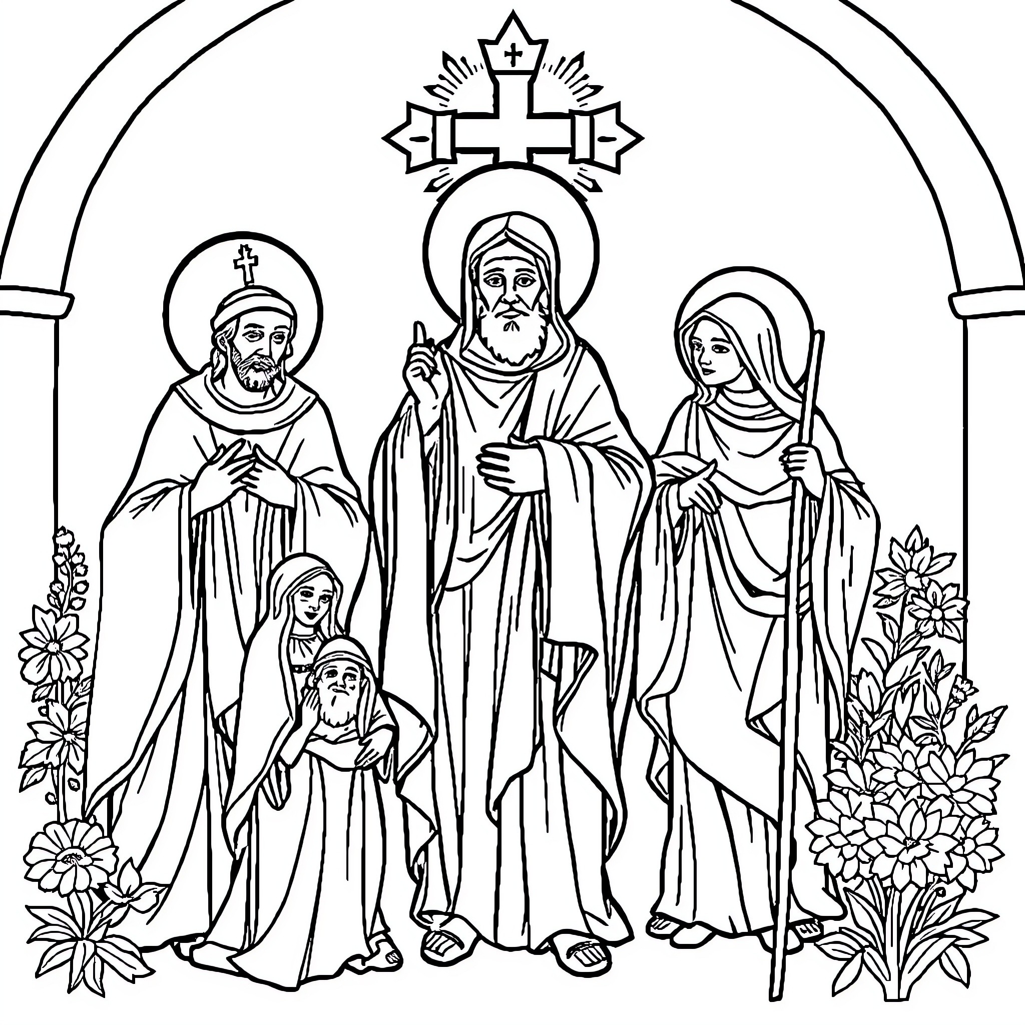 Catholic Religious Figures in Solemn Prayer and Worship Coloring Page (free black-and-white line drawing printable PDF for all, from beginners to advanced learners, including children, teens, adults, and seniors)