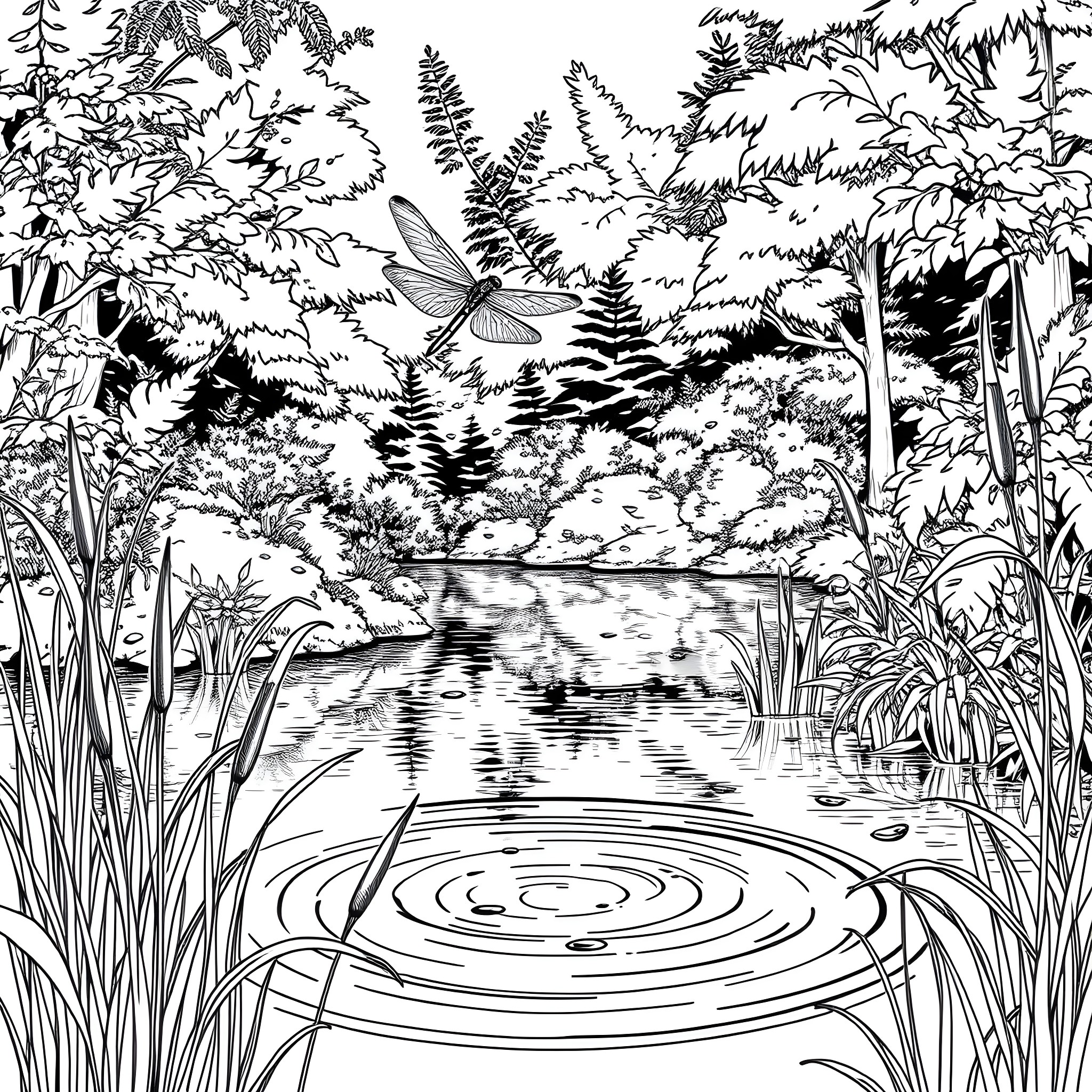 Dragonfly dancing over a serene forest pond Coloring Page (free black-and-white line drawing printable PDF for all, from beginners to advanced learners, including children, teens, adults, and seniors)