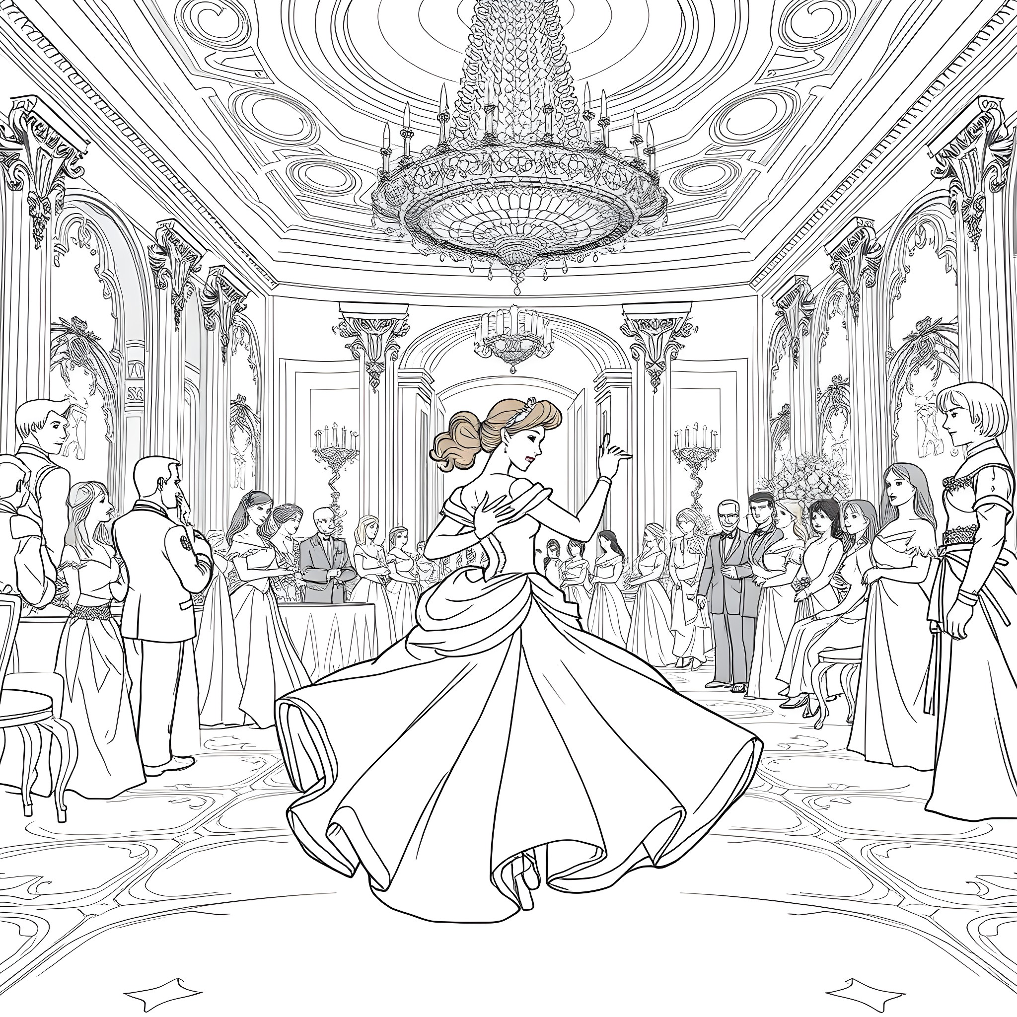 Cinderella's Elegant Ballroom Dance Coloring Page (free black-and-white line drawing printable PDF for all, from beginners to advanced learners, including children, teens, adults, and seniors)