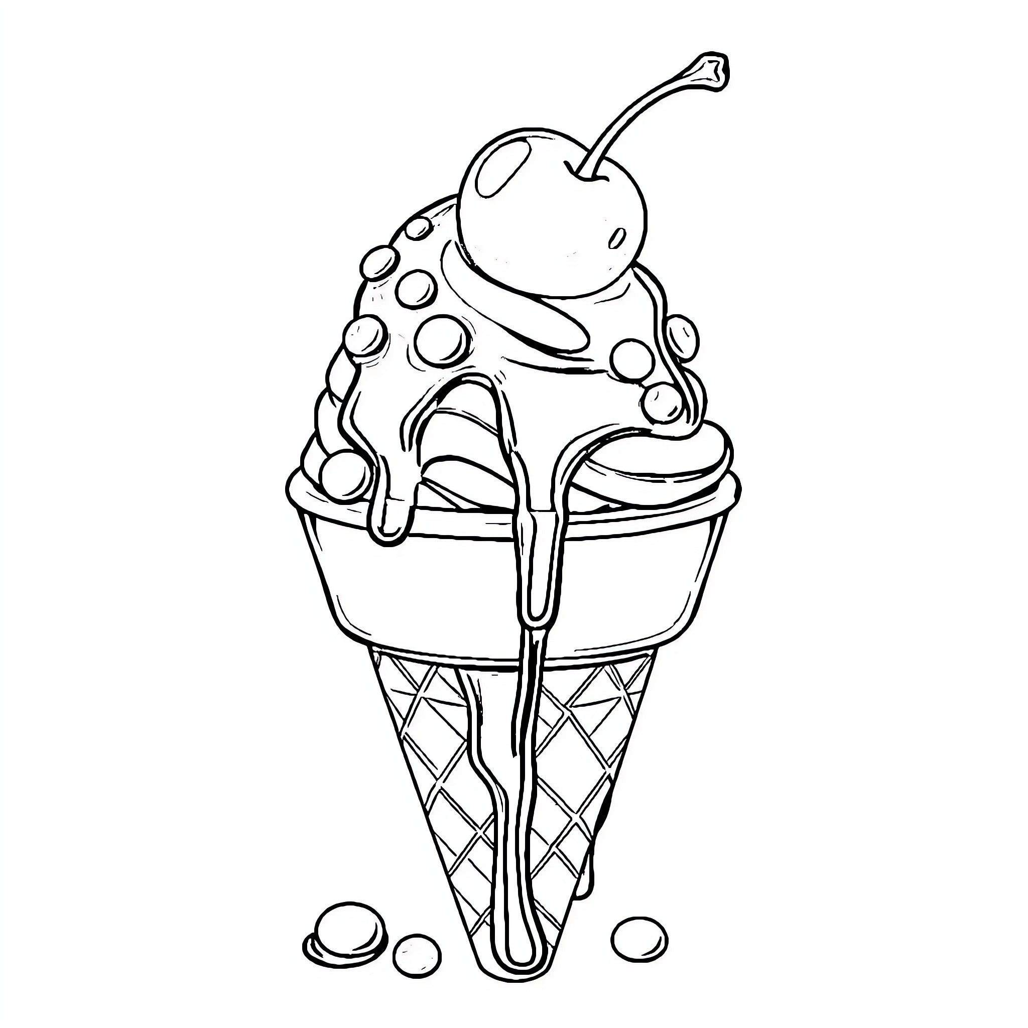 Ice Cream Sundae with Decorative Toppings Coloring Page (free black-and-white line drawing printable PDF for all, from beginners to advanced learners, including children, teens, adults, and seniors)