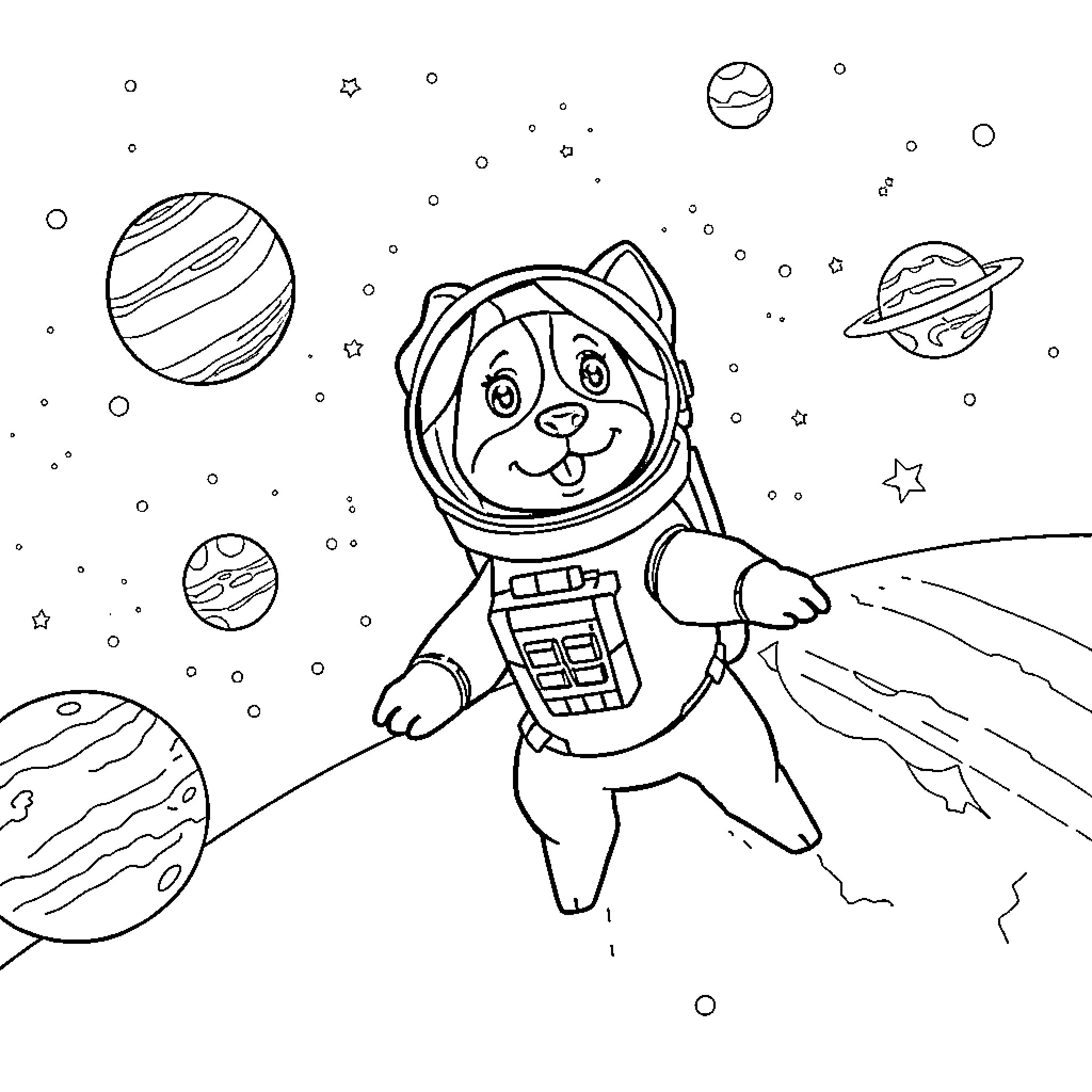 Chien astronaut exploring the galaxy Coloring Page (free black-and-white line drawing printable PDF for all, from beginners to advanced learners, including children, teens, adults, and seniors)
