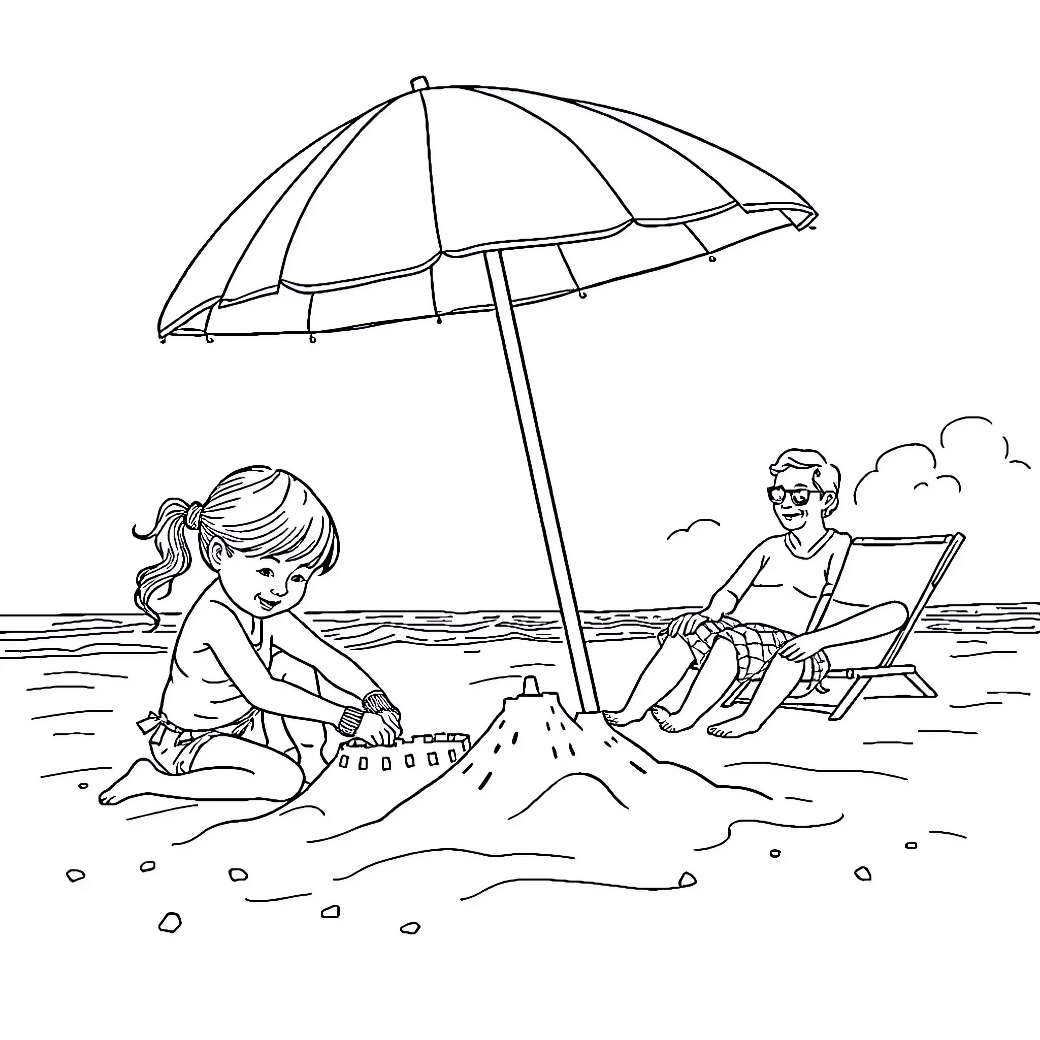 Girl building sandcastle at the beach with parent Coloring Page (free black-and-white line drawing printable PDF for all, from beginners to advanced learners, including children, teens, adults, and seniors)