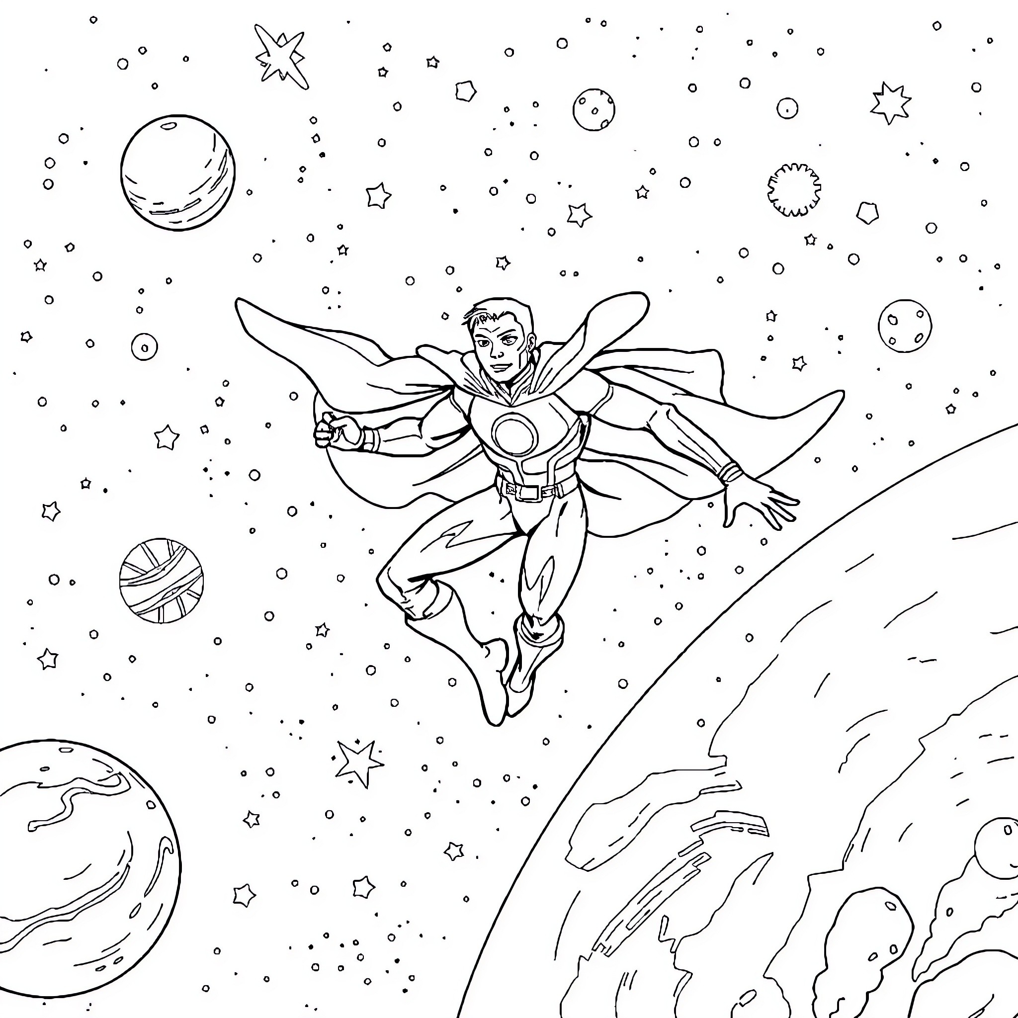 Omni Man soaring through the cosmic space Coloring Page (free black-and-white line drawing printable PDF for all, from beginners to advanced learners, including children, teens, adults, and seniors)