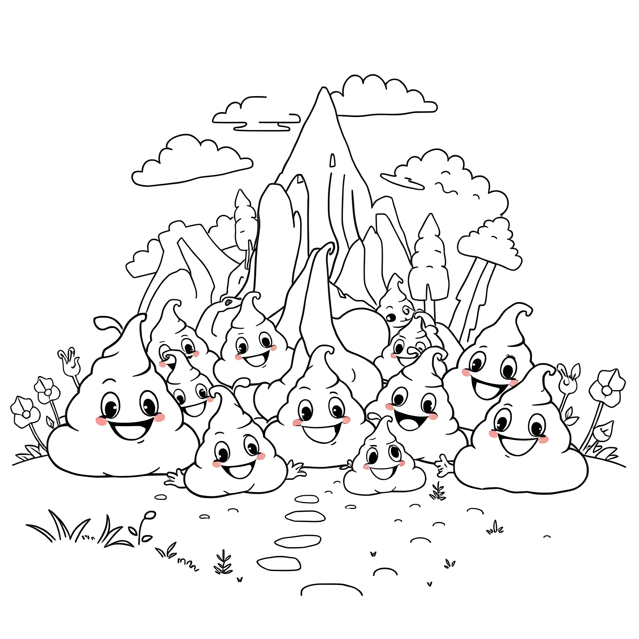 Poop enjoying a day out in the mountains Coloring Page (free black-and-white line drawing printable PDF for all, from beginners to advanced learners, including children, teens, adults, and seniors)