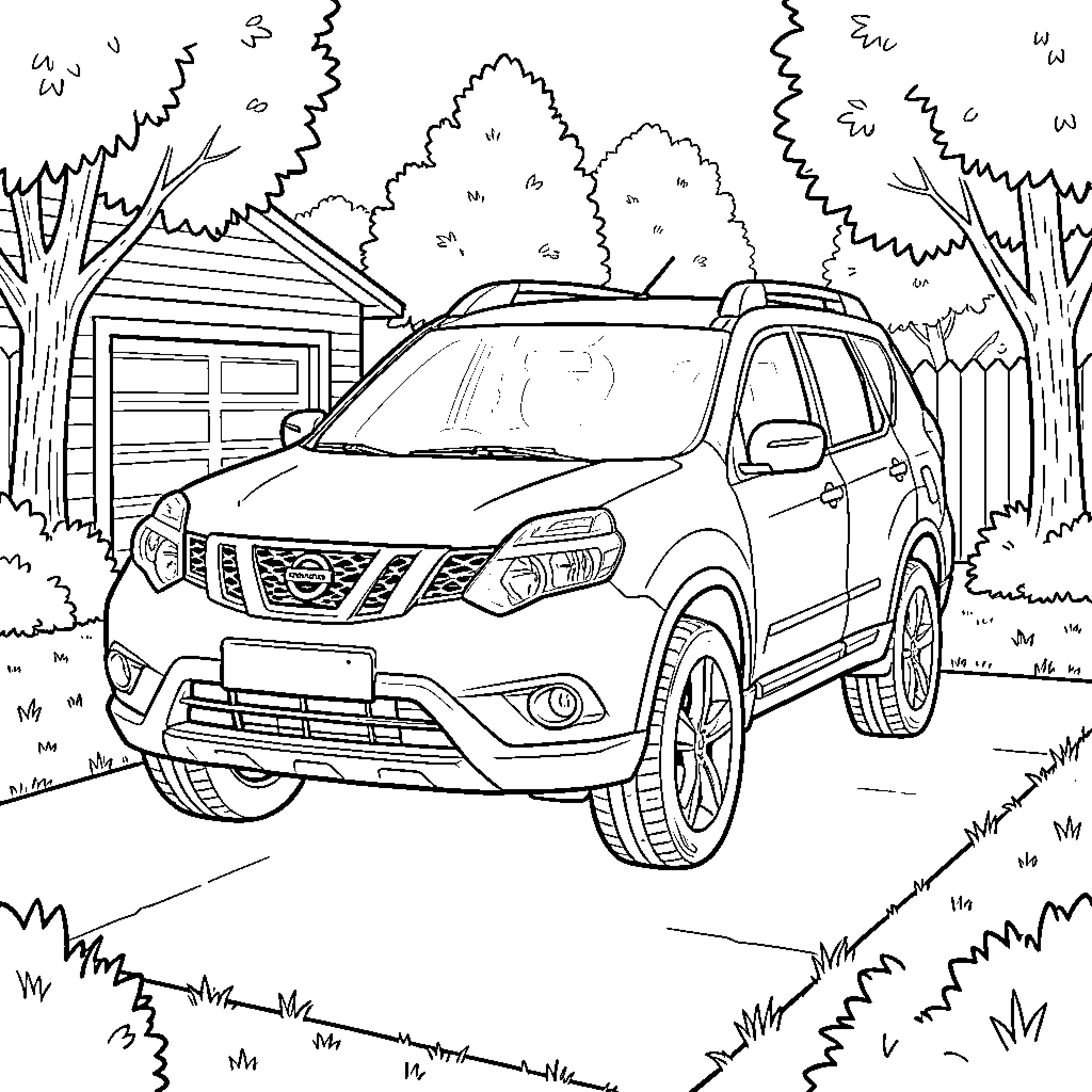 Nissan X Trail parked in a residential driveway Coloring Page (free black-and-white line drawing printable PDF for all, from beginners to advanced learners, including children, teens, adults, and seniors)