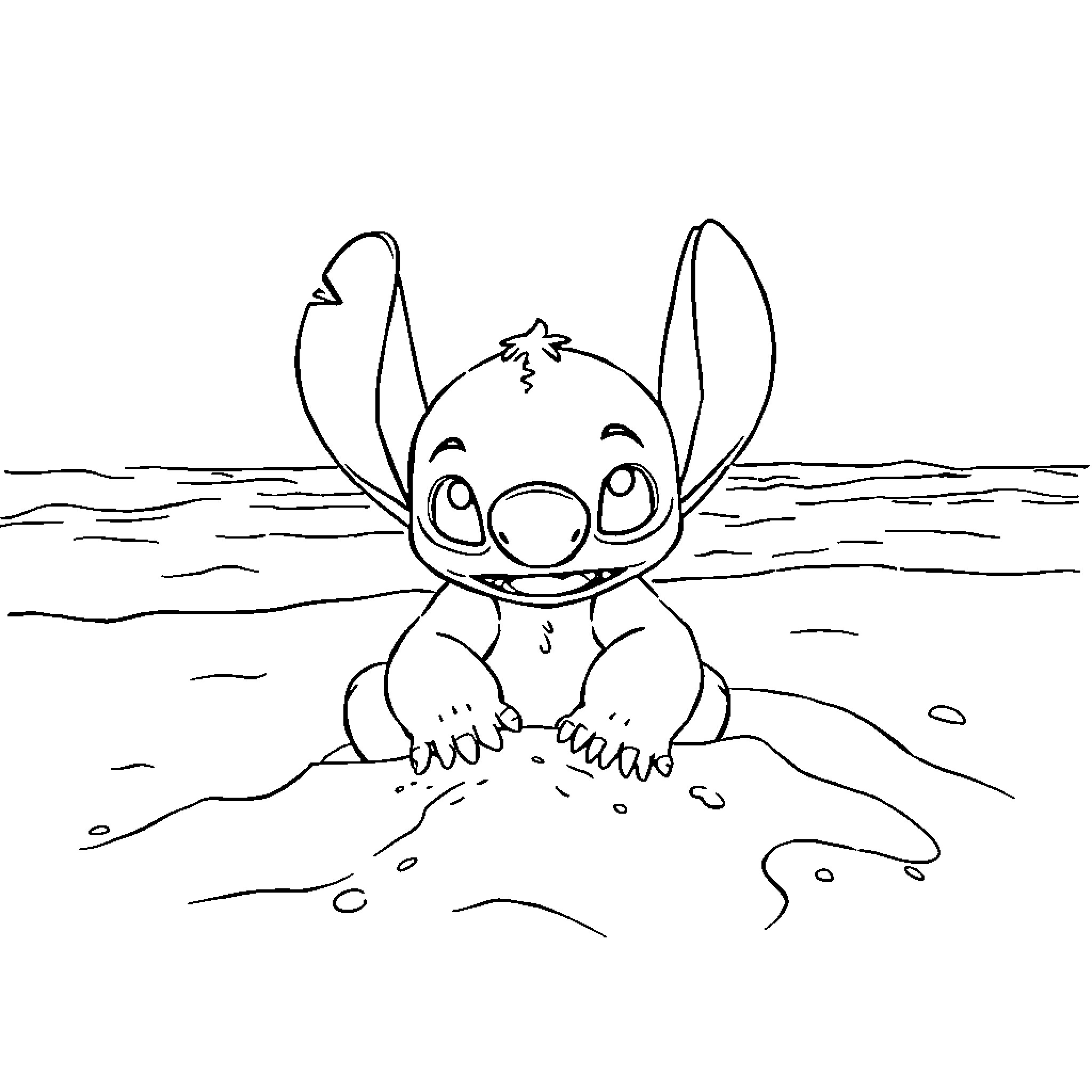 Stitch playing in the sand by the sea Coloring Page (free black-and-white line drawing printable PDF for all, from beginners to advanced learners, including children, teens, adults, and seniors)