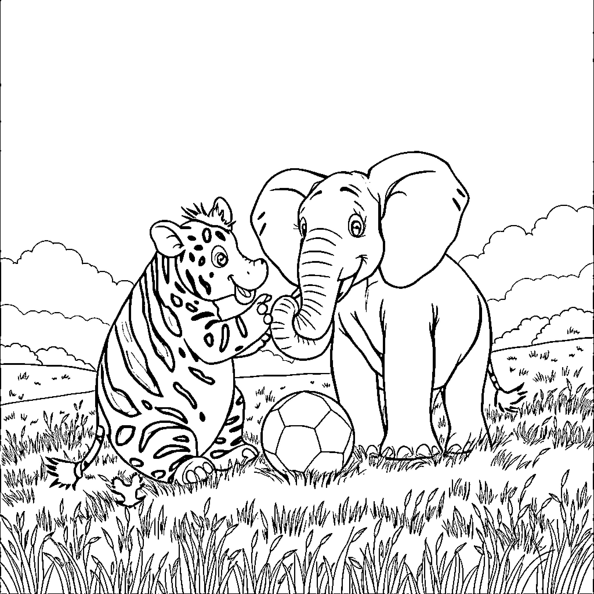 Mouse and elephant playing with ball in nature Coloring Page (free black-and-white line drawing printable PDF for all, from beginners to advanced learners, including children, teens, adults, and seniors)